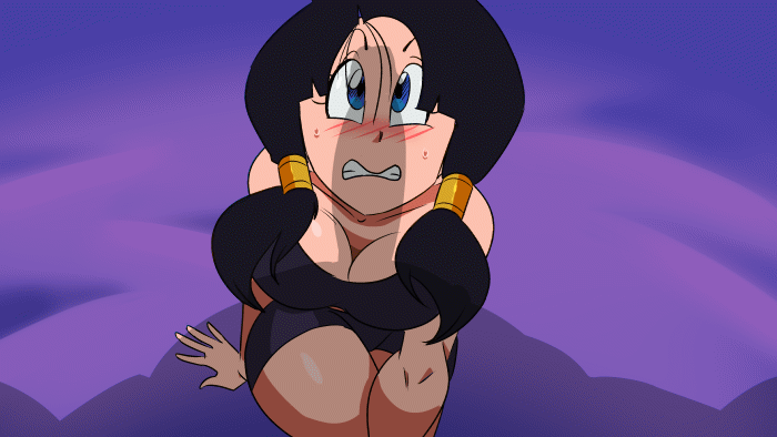 1girls, animated, black dress, black hair, blue eyes, breasts, cleavage, condom, dragon ball, dragon ball z, female, funsexydragonball, gif, imminent sex, kneeling, long hair, male, nervous, penis, penis awe, penis shadow, pigtails, son gohan, twintails, videl