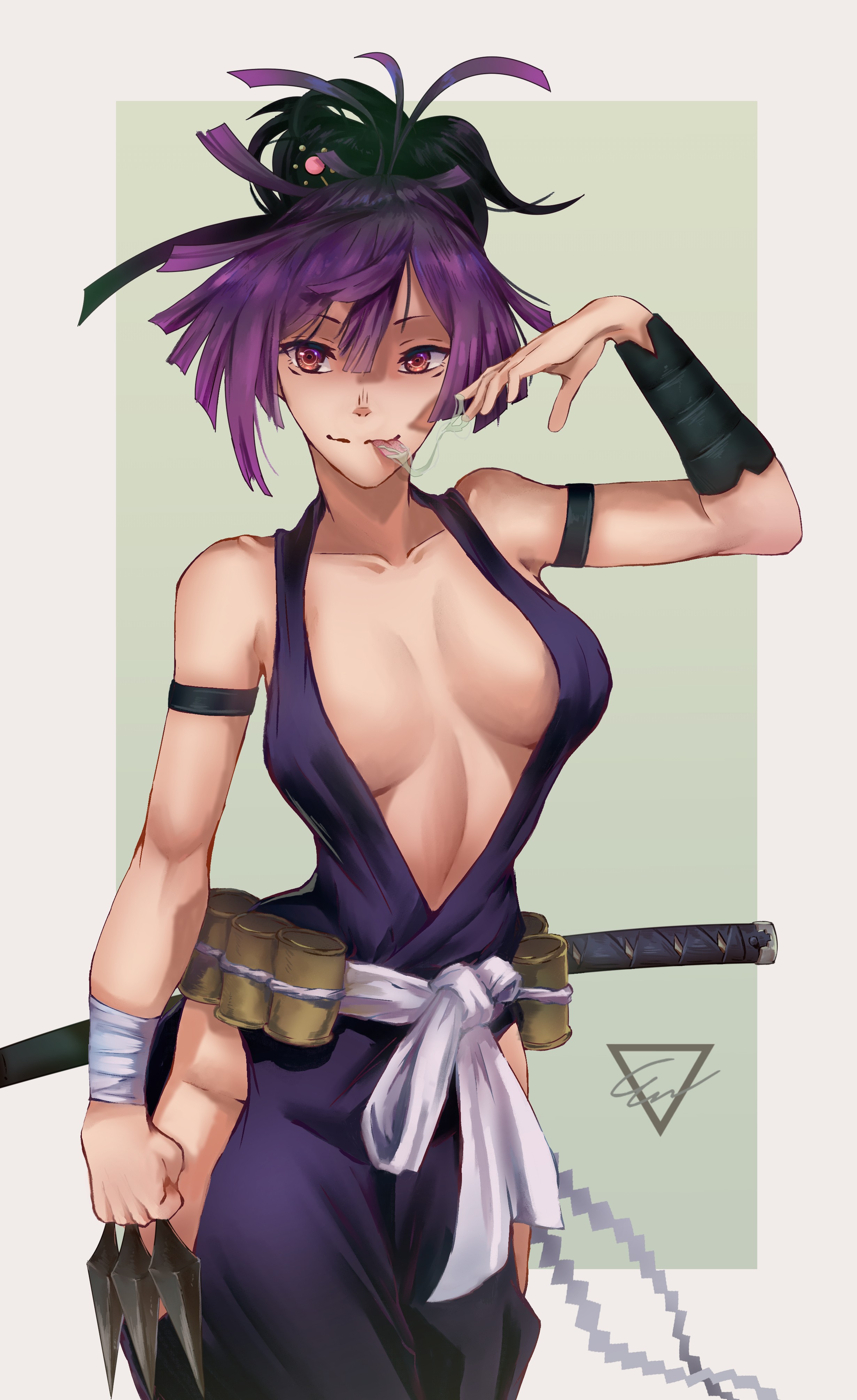 1girls, 2025, 2d, 2d (artwork), adult, adult female, arm up, armband, artist logo, belly, big breasts, breasts, breasts apart, brown eyes, brown-eyed female, busty, busty female, cleavage, closed mouth smile, clothed, clothed female, collarbone, curvaceous, curvaceous body, curvaceous female, curvaceous figure, curvaceous hips, curvy, curvy body, curvy female, curvy figure, curvy hips, digital, digital art, digital drawing, digital drawing (artwork), digital media, digital media (artwork), elbows, ethanarts2019, female, female focus, female only, fingers, green background, hair between eyes, hand up, high resolution, highres, hip cutout, hourglass figure, human, human only, inframammary fold, jigokuraku, katana, kunai, kunoichi, large boobs, large breasts, lean figure, long hair, looking at viewer, mature, mature female, messy hair, midriff, narrow waist, ninja, plump breasts, ponytail, purple eyebrows, purple hair, purple-haired female, questionable, resting breasts, shoulders, simple background, slender body, slender waist, slim waist, smile, smiley face, smiling, smirk, solo, solo female, standing, sword, thigh cutout, underboob, upper body, weapon, weapons, white border, wide hips, yuzuriha (jigokuraku)