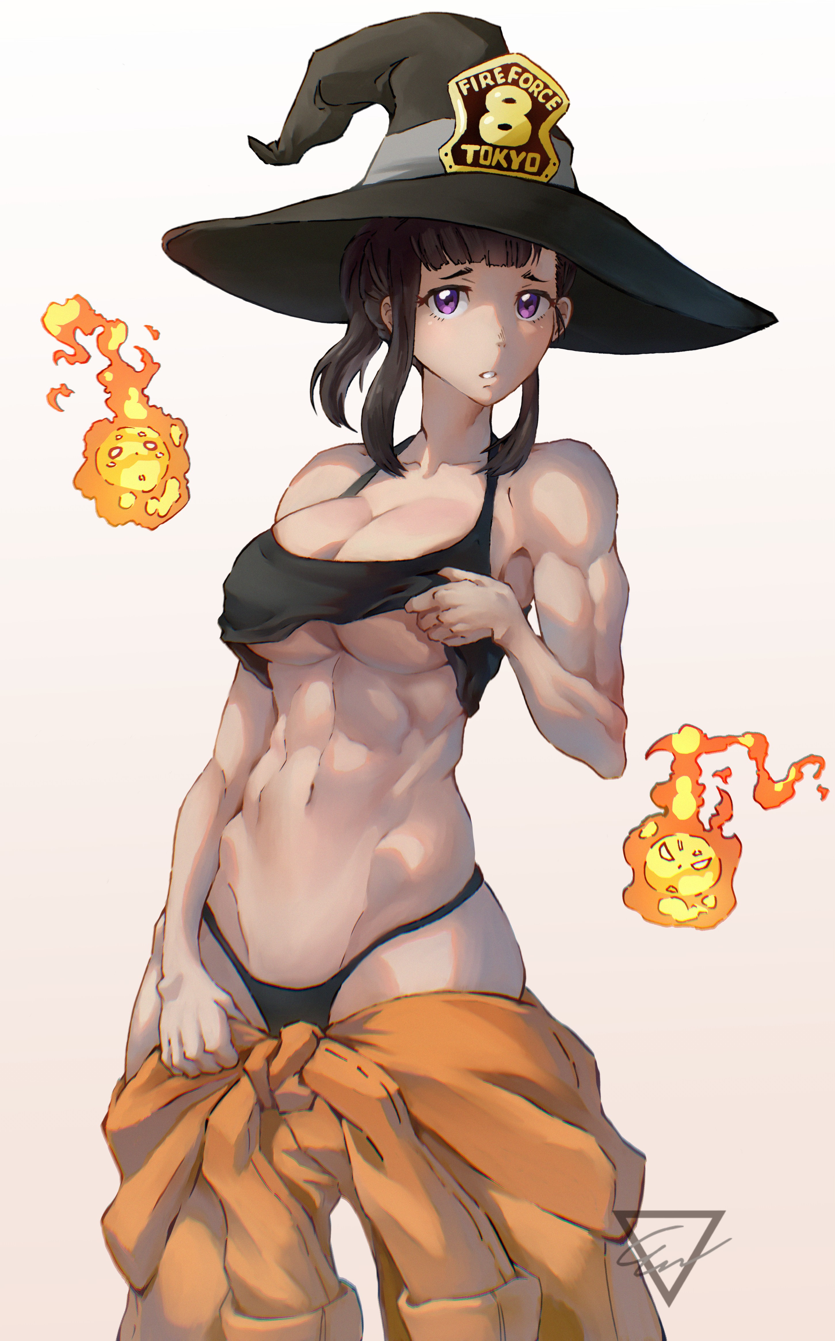 1girls, abs, adult, adult female, bare arms, bare belly, bare chest, bare hands, bare hips, bare midriff, bare navel, bare shoulders, bare skin, belly, belly button, big breasts, black hair, black tank top, black thong, black topwear, black-haired female, breasts, busty, busty female, collarbone, curvaceous, curvaceous body, curvaceous female, curvaceous figure, curvaceous hips, curvy, curvy body, curvy female, curvy figure, curvy hips, digital, digital art, digital drawing, digital drawing (artwork), digital media, digital media (artwork), elbows, enen no shouboutai, ethanarts2019, exposed arms, exposed belly, exposed chest, exposed hips, exposed midriff, exposed navel, exposed shoulders, exposed skin, female, female focus, female only, fingers, fire, fire force, firefighter, firefighter jacket, firefighter uniform, flames, groin, half naked, half nude, hat, head tilt, high resolution, highres, hip dips, hourglass figure, inframammary fold, large boobs, large breasts, lean figure, long hair, looking at viewer, maki oze, mature, mature female, midriff, muscular, muscular female, naked, naked female, naked woman, narrow waist, navel, nude, nude female, nudity, parted lips, plump breasts, ponytail, purple eyes, purple-eyed female, semi nude, shoulders, sidelocks, simple background, skindentation, slender body, slender waist, slim waist, soldier, solo, standing, stomach, tank top, tank top lift, thigh gap, thighs, thong, tilted head, topwear, topwear aside, topwear lift, underboob, upper body, white background, wide hips, witch hat