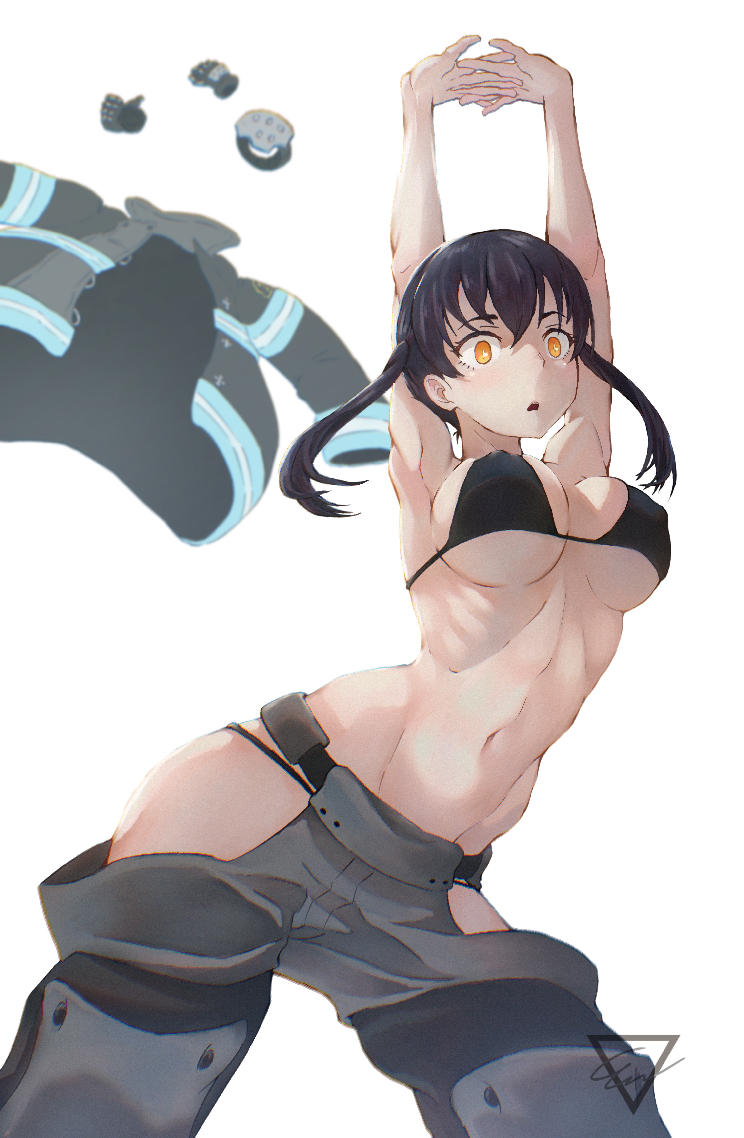 1girls, accidental exposure, arm above head, arm up, armpit, armpit crease, armpit peek, armpits, arms above head, arms up, bare armpits, bare arms, bare belly, bare chest, bare hands, bare hips, bare midriff, bare navel, bare shoulders, bare skin, belly, belly button, bikini, bikini bottom, bikini top, black bikini, black bikini bottom, black bikini top, black coat, black gloves, black hair, black jacket, black string bikini, black swimsuit, black swimwear, black-haired female, breasts, busty, busty female, busty teenager, coat, collarbone, curvaceous, curvaceous body, curvaceous female, curvaceous figure, curvaceous hips, curvaceous teenager, curvy, curvy body, curvy female, curvy figure, curvy hips, digital, digital art, digital drawing, digital drawing (artwork), digital media, digital media (artwork), elbows, enen no shouboutai, ethanarts2019, exposed armpits, exposed arms, exposed belly, exposed chest, exposed hips, exposed midriff, exposed navel, exposed shoulders, exposed skin, female, female focus, female only, fingers, fire force, firefighter, gloves, groin, hair between eyes, hairless armpits, hand above head, hand up, hands above head, hands up, high resolution, highres, hip dips, hourglass figure, jacket, kotatsu tamaki, large breasts, lean figure, linea alba, long hair, looking at viewer, midriff, narrow waist, navel, neckguard, nipple bulge, open mouth, orange eyes, orange-eyed female, parted lips, posing, ribs, shaved armpits, shoulders, simple background, slender body, slender waist, slim waist, soldier, solo, standing, stomach, stretching arms, string bikini, swimsuit, swimwear, teenage female, teenager, thighs, tongue, twintails, twintails (hairstyle), underboob, upper body, wardrobe malfunction, white background, white pupils, wide hips, young female, young woman