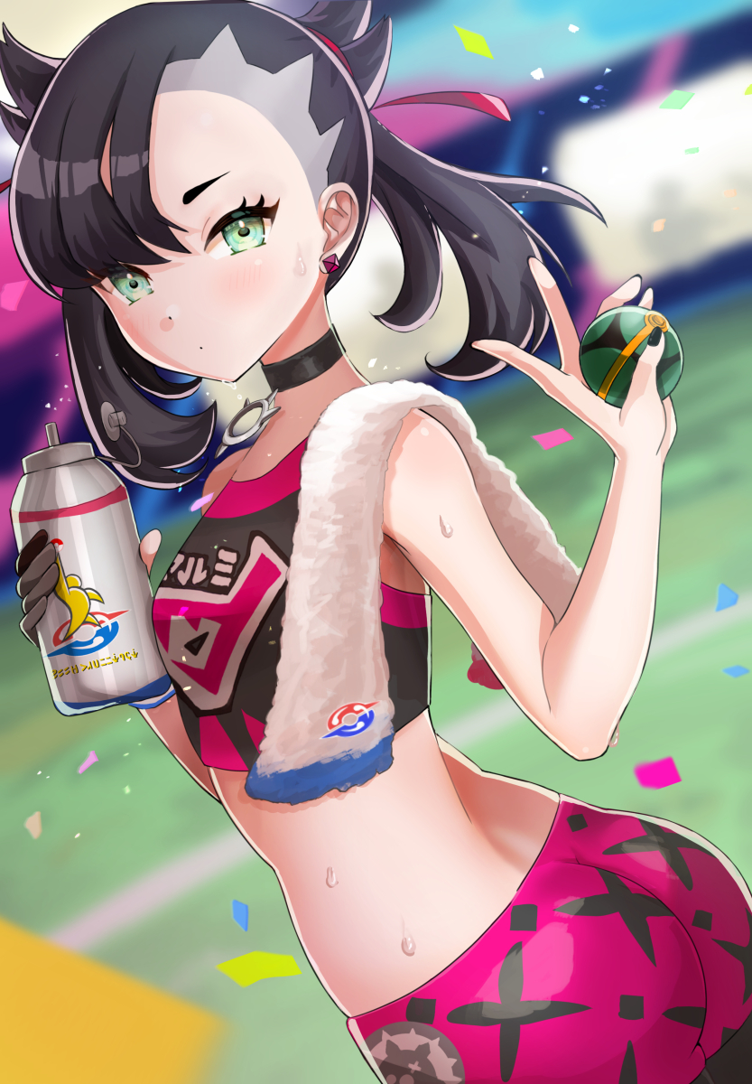 ass asymmetrical_bangs bangs bare_arms black_choker black_hair black_nails blurry blush bottle choker closed_mouth confetti creatures_(company) dusk_ball earrings eyelashes female game_freak gloves green_eyes gym_clothes hair_ribbon hands_up highres holding holding_bottle holding_poke_ball jewelry leggings looking_at_viewer marnie_(pokemon) medium_hair nail_polish nintendo poke_ball pokemon pokemon_(game) pokemon_ss red_ribbon ribbon setta_shu shirt single_glove sleeveless sleeveless_shirt solo stadium sweat twintails water_bottle