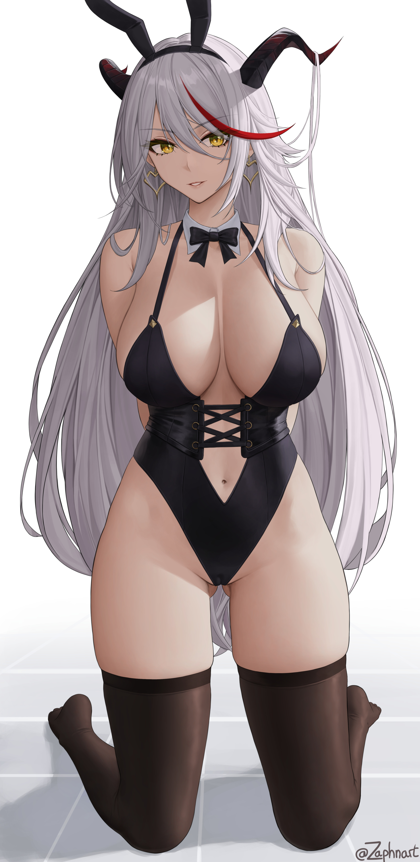1girls, aegir (azur lane), azur lane, big breasts, breasts, bunny ears, earrings, female, female only, horns, kneeling, large breasts, long hair, solo, solo female, thick, thick thighs, thighhighs, voluptuous, white hair, yellow eyes, zaphn