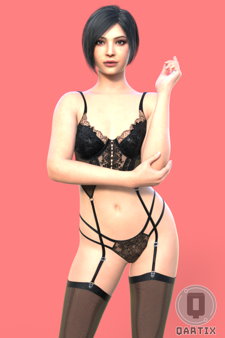 resident_evil resident_evil_4 ada_wong resident_evil_4_remake ada_wong_(adriana) chinese_female asian asian_female short_hair black_hair brown_eyes fit_female female 3d_(artwork) 3d_model 3d_render qartix lingerie lingerie_only garter_straps stockings thighhighs red_background simple_background artist_logo lace-trimmed_lingerie lace_trim panties lace_panties posing posing_for_the_viewer