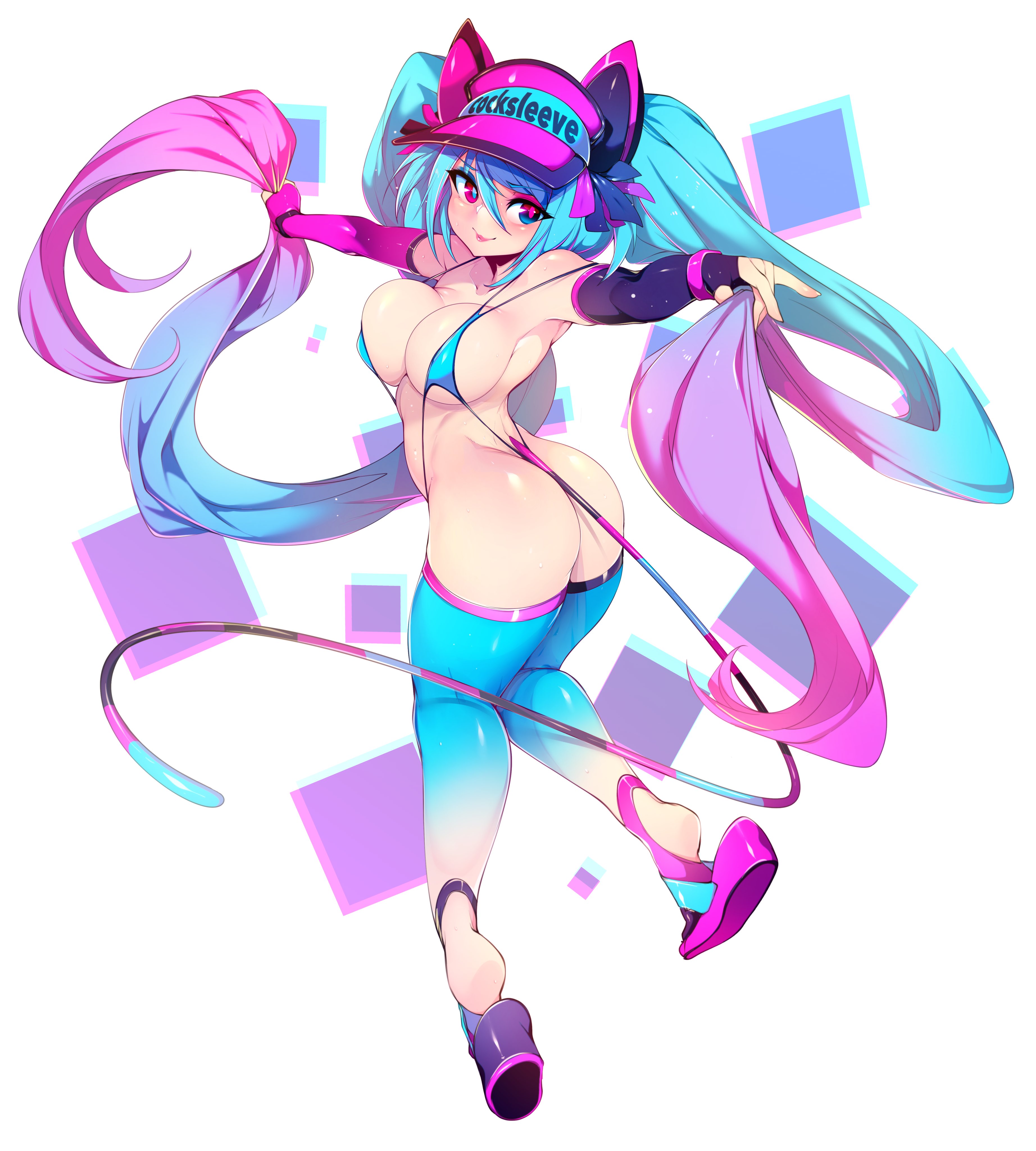 1girls, animal ears, ass, bikini, blue hair, copyright request, female, hair between eyes, heterochromia, long hair, micro bikini, original, pink hair, slugbox, stockings, tail, thighhighs, twintails, two-tone hair, visor, vomi agogo