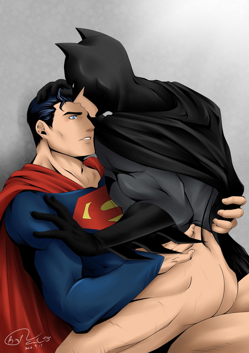 2boys ass batman batman_(series) costume dc dc_comics forehead_kiss gay justice_league male male/male male_only partially_clothed partially_clothed_male romantic sitting_on_lap straddling superman superman_(series)