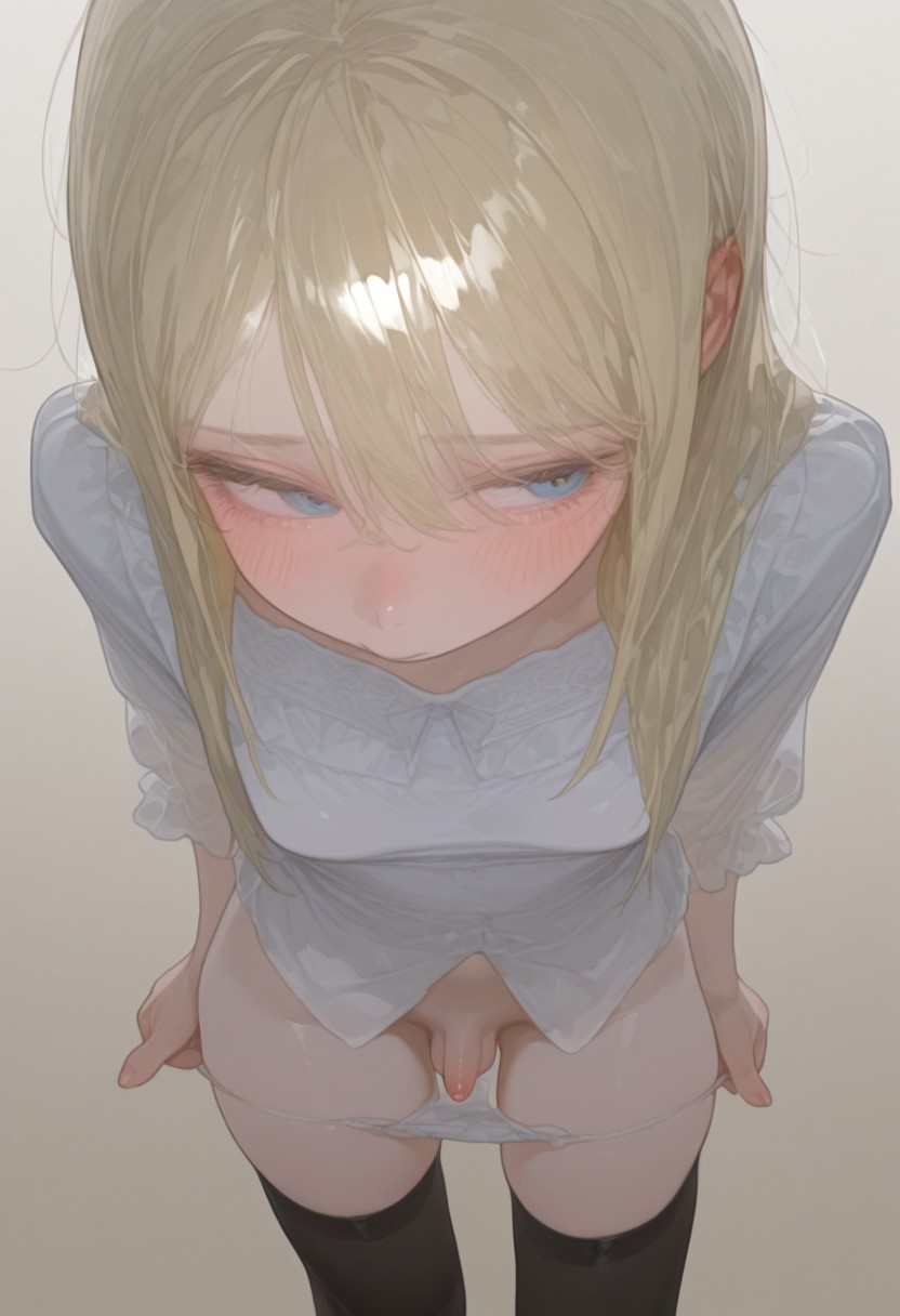 ai generated, androgynous, anime, bisexual, blonde hair, blouse, blue eyes, breasts, bright hair, dickgirl, flaccid, flaccid penis, from above, futanari, hormone breasts, intersex, limp, limp penis, long hair, looking away, micropenis, panties, panties down, penis, semi nude, shy, sissy, small breasts, small penis, sonya (wasp126b), thigh highs, thighhighs, tiny penis, trans, trans woman, wasp126b, white panties