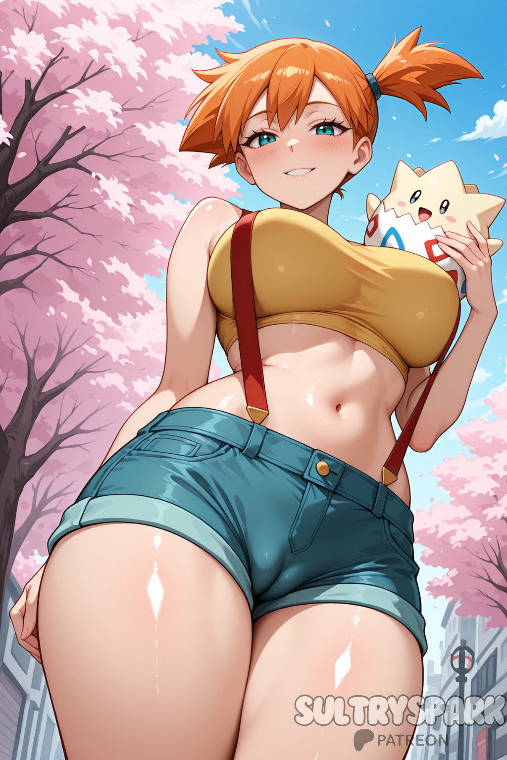 ai generated, breasts, cameltoe, female, from below, futarush, holding pokemon, jean shorts, kasumi (pokemon), large breasts, patreon, patreon username, pokemon, smile, standing, sultryspark, togepi