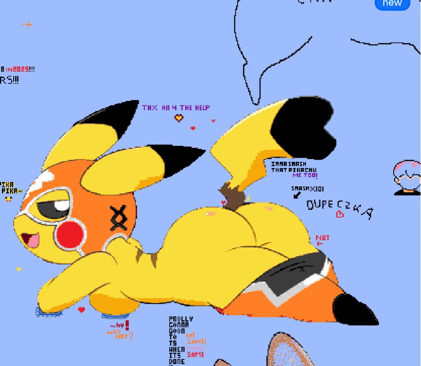 ass, big ass, breasts, cosplay pikachu, laying on stomach, looking at viewer, looking back at viewer, pants down, pikachu, pikachu libre, pixel art, pokemon, pokemon (species), presenting hindquarters, wplace, zinzoa