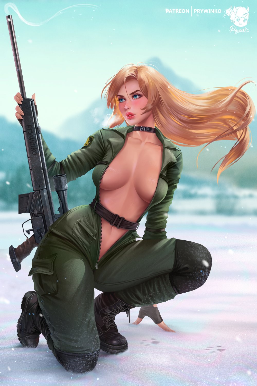 1girls, blonde hair, blue eyes, blurry background, blush, bodysuit, breasts, crouching, female, female only, hi res, inner sideboob, konami, long hair, metal gear solid, open bodysuit, open clothes, outdoors, prywinko, red lips, rifle, sniper wolf, snow, solo