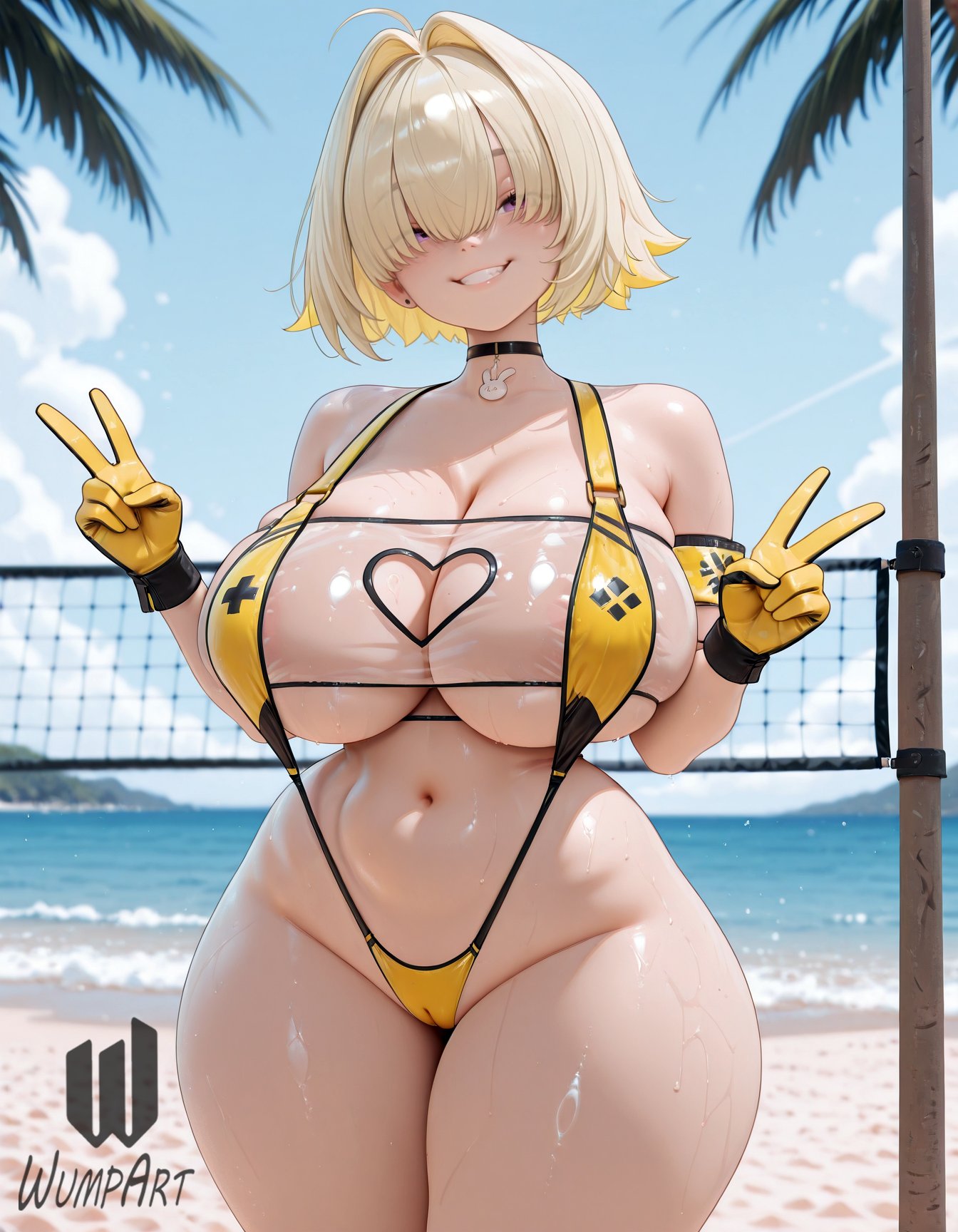 ahoge, ai generated, bare shoulders, beach, bikini, black choker, blonde hair, blue sky, blush, breasts, cameltoe, choker, cleavage, clothing cutout, curvy, day, double v, elegg (boom and shock) (nikke), elegg (nikke), female, gloves, goddess of victory: nikke, grin, hair intakes, huge breasts, looking at viewer, multicolored hair, navel, ocean, one-piece swimsuit, outdoors, palm tree, purple eyes, see-through, short hair, sky, slingshot swimsuit, smile, solo, swimsuit, thick thighs, thighs, tree, v, wide hips, wumpart, yellow gloves, yellow one-piece swimsuit