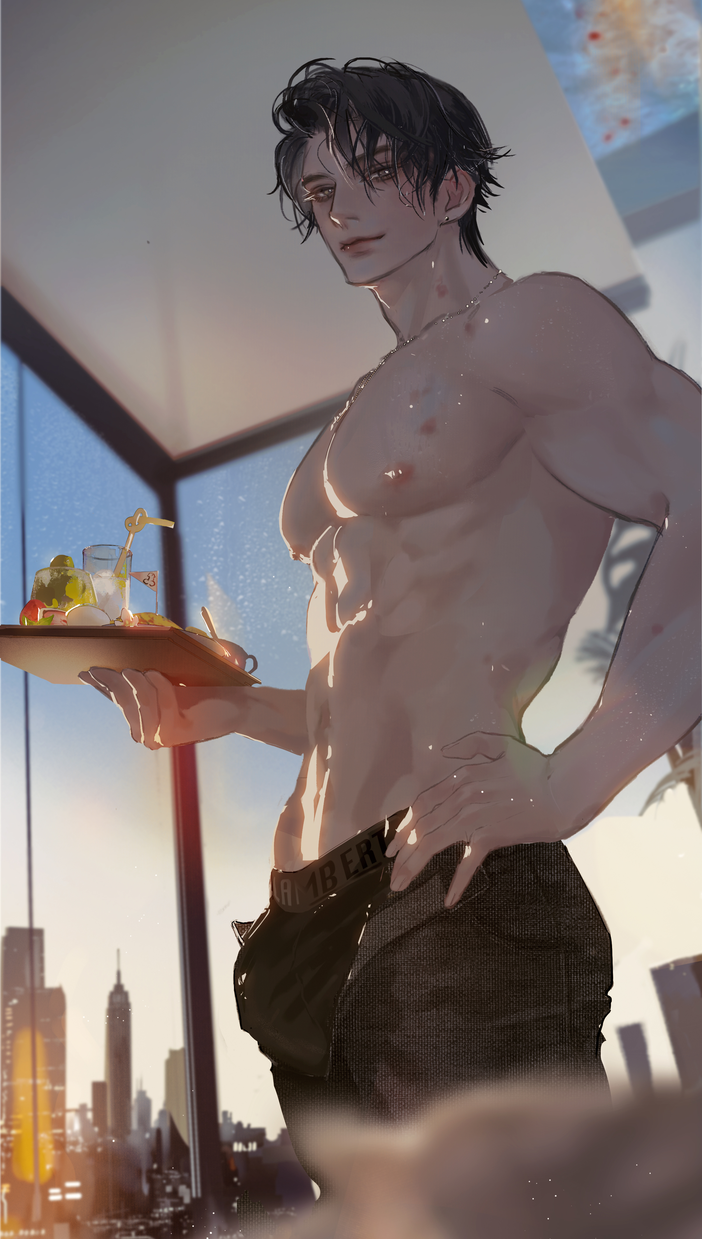 1boy, abs, big penis, black hair, bloodybeni, bulge, bulge through clothing, city background, cityscape, ear piercing, hickey, human, kiss mark, light skin, light-skinned male, looking at viewer, looking down, looking down at viewer, low-angle view, male, male focus, male only, morning after, muscles, muscular, muscular male, pecs, penis, penis under clothes, pov, pov eye contact, solo, solo male, sunrise, topless, topless male, tray, underwear, unzipped pants, windows