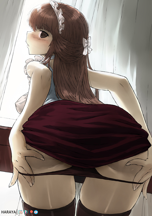 1girls ass ass_grab black_panties blush breasts brown_eyes brown_hair female from_behind haraya looking_at_viewer looking_back original panties panties_down panty_pull solo standing tagme thighhighs