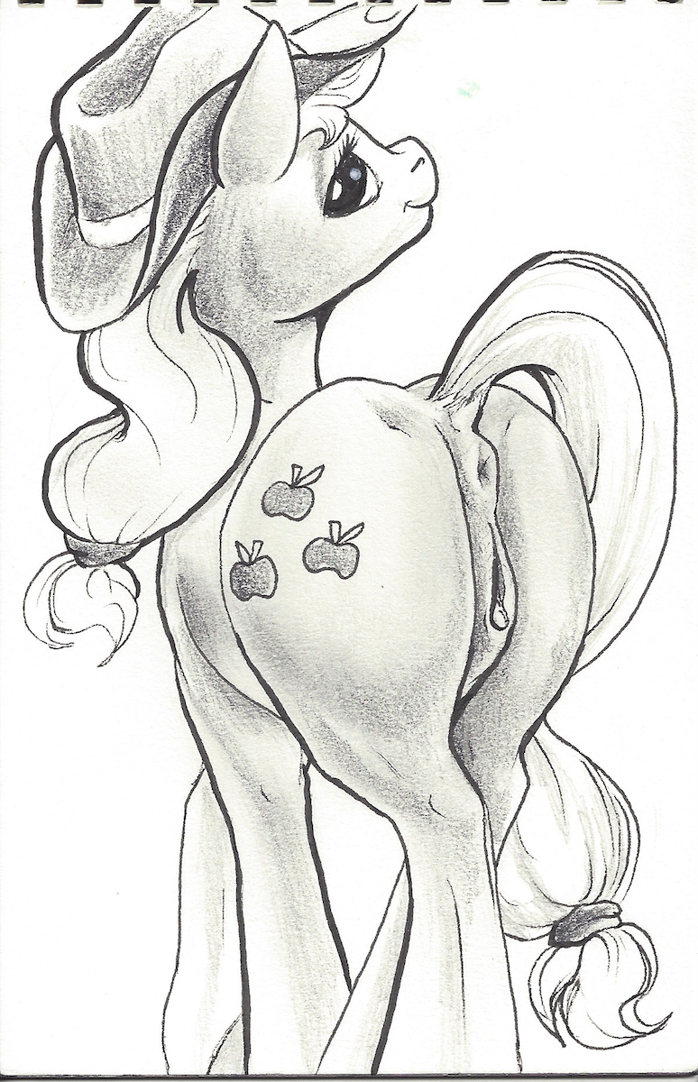 anatomically_correct anatomically_correct_anus anatomically_correct_pussy anus applejack_(mlp) caboni32 clitoris cutie_mark equine female friendship_is_magic half-closed_eyes hat horse looking_at_viewer looking_back mammal monochrome my_little_pony plain_background pony pussy seductive smile smooth_skin solo white_background