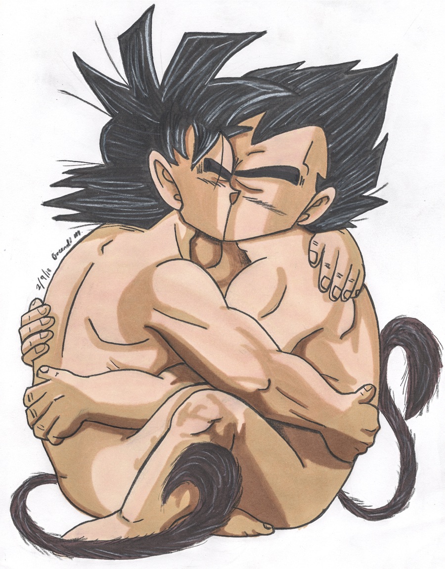 2010 2boys cowcat44 dragon_ball dragon_ball_z gay kissing male male_only nude son_goku straight_hair tagme vegeta yaoi