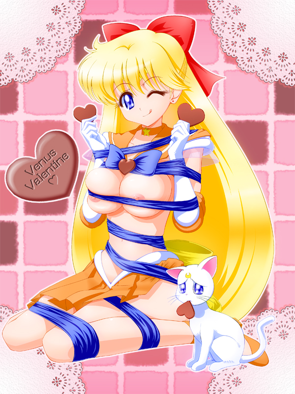 1girls 2010 :q animal artemis_(sailor_moon) big_breasts bishoujo_senshi_sailor_moon blonde_hair blue_eyes bow breasts cat chocolate choker clothing elbow_gloves feline female female_only feral fur gloves hairbow human large_breasts long_hair magical_girl minako_aino naked_ribbon nipples pointy_chin ribbon sailor_senshi sailor_venus sandalnyan skirt solo tied_up tongue valentine valentine's_day wink