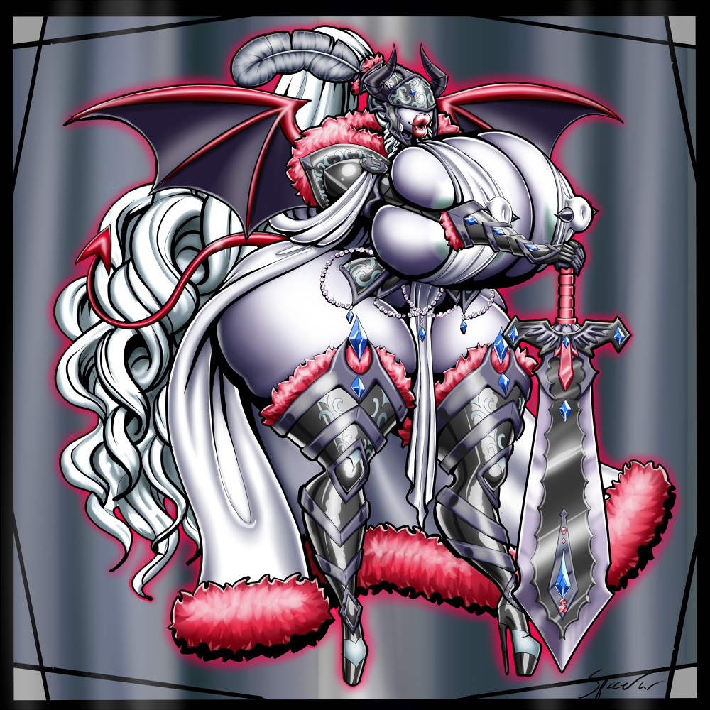 1girls absurdly_long_hair areola_slip armor ass bimbo breasts breasts_bigger_than_head demon demon_girl demon_horns demon_tail demon_wings erect_nipples fangs female female_only helmet high_heels horn huge_ass huge_breasts hyper hyper_ass hyper_breasts knight lilith_art lipstick long_hair makeup nipple_bulge original original_character solo sword tail thick_thighs thin_waist very_long_hair voluptuous white_hair wide_hips wings