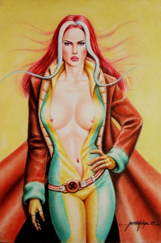 1girls 2009 anna_marie blue_eyes breasts brown_hair female female_only jun_de_felipe long_hair looking_at_viewer marvel marvel_comics navel nipples red_hair rogue_(x-men) solo straight_hair tagme two_tone_hair white_hair x-men