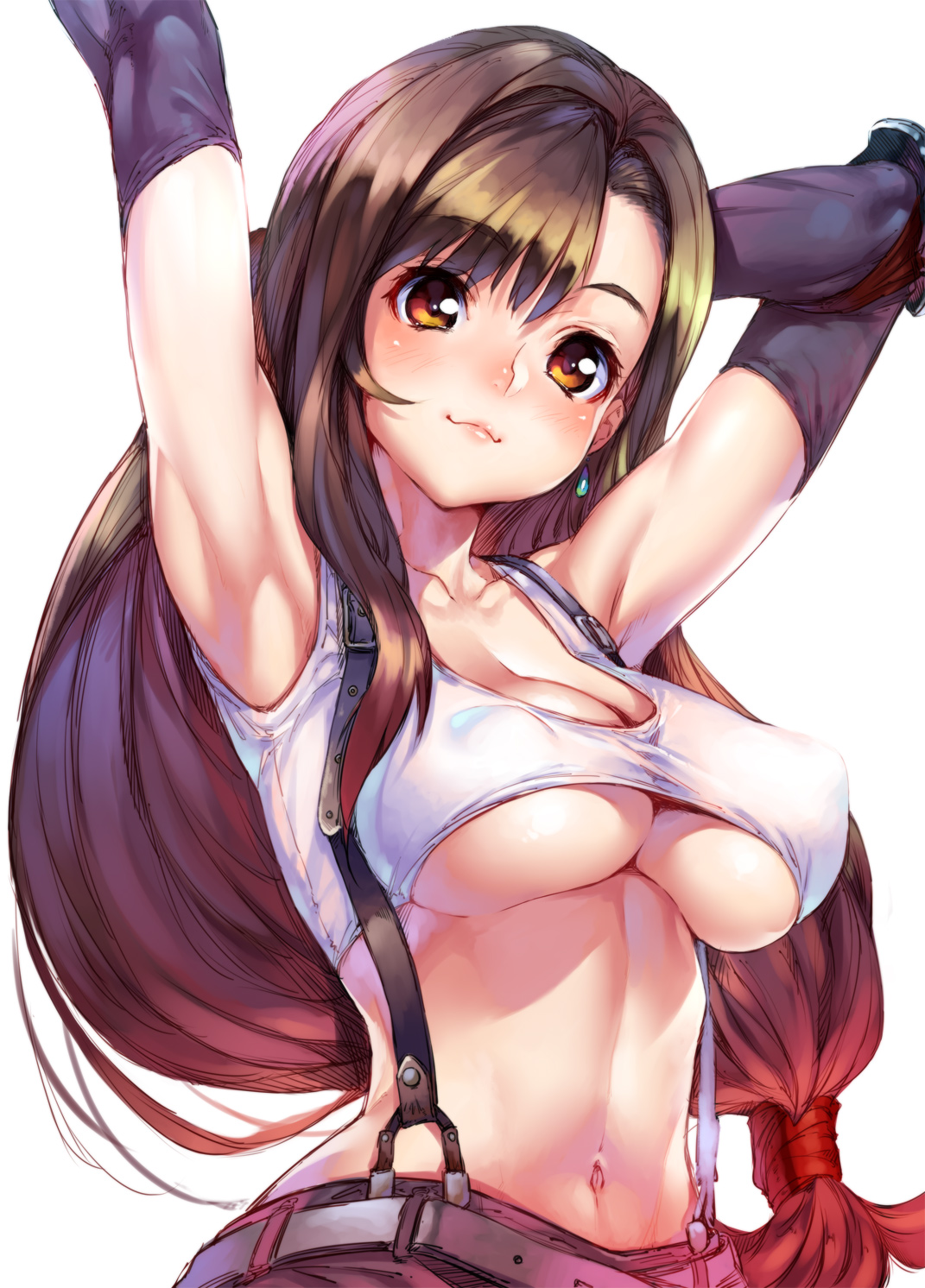 abs, armpits, arms up, black hair, breasts, brown eyes, brown hair, crop top, earrings, erect nipples, female, female only, final fantasy, final fantasy vii, highres, human, jewelry, kink (tortoiseshell), large breasts, long hair, low-tied long hair, midriff, navel, nipples, orange eyes, smile, solo, suspenders, tank top, taut shirt, tifa lockhart, underboob