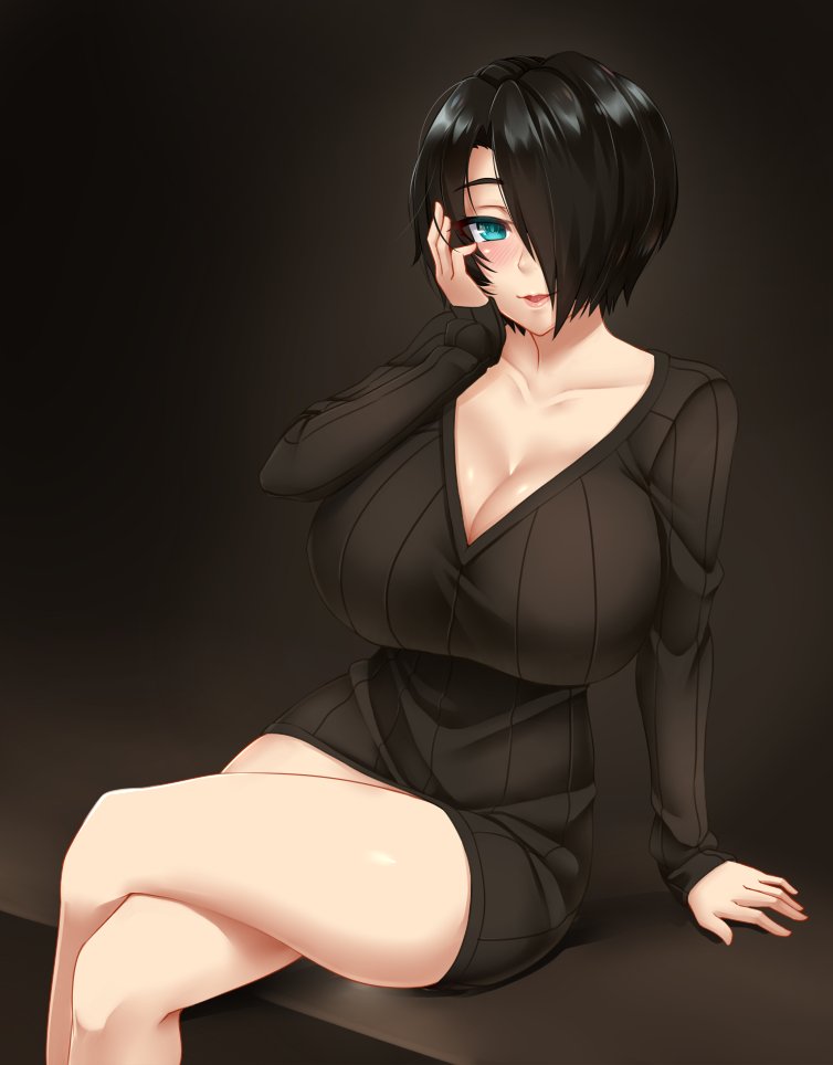 1girls black_background black_hair breasts bursting_breasts cleavage collarbone dark_background female female_focus green_eyes hair_over_one_eye hand_on_own_cheek highres huge_breasts legs_crossed looking_at_viewer original original_character plain_background ribbed_sweater saya_(twrlare) shiny shiny_skin simple_background sitting solo sweater twrlare