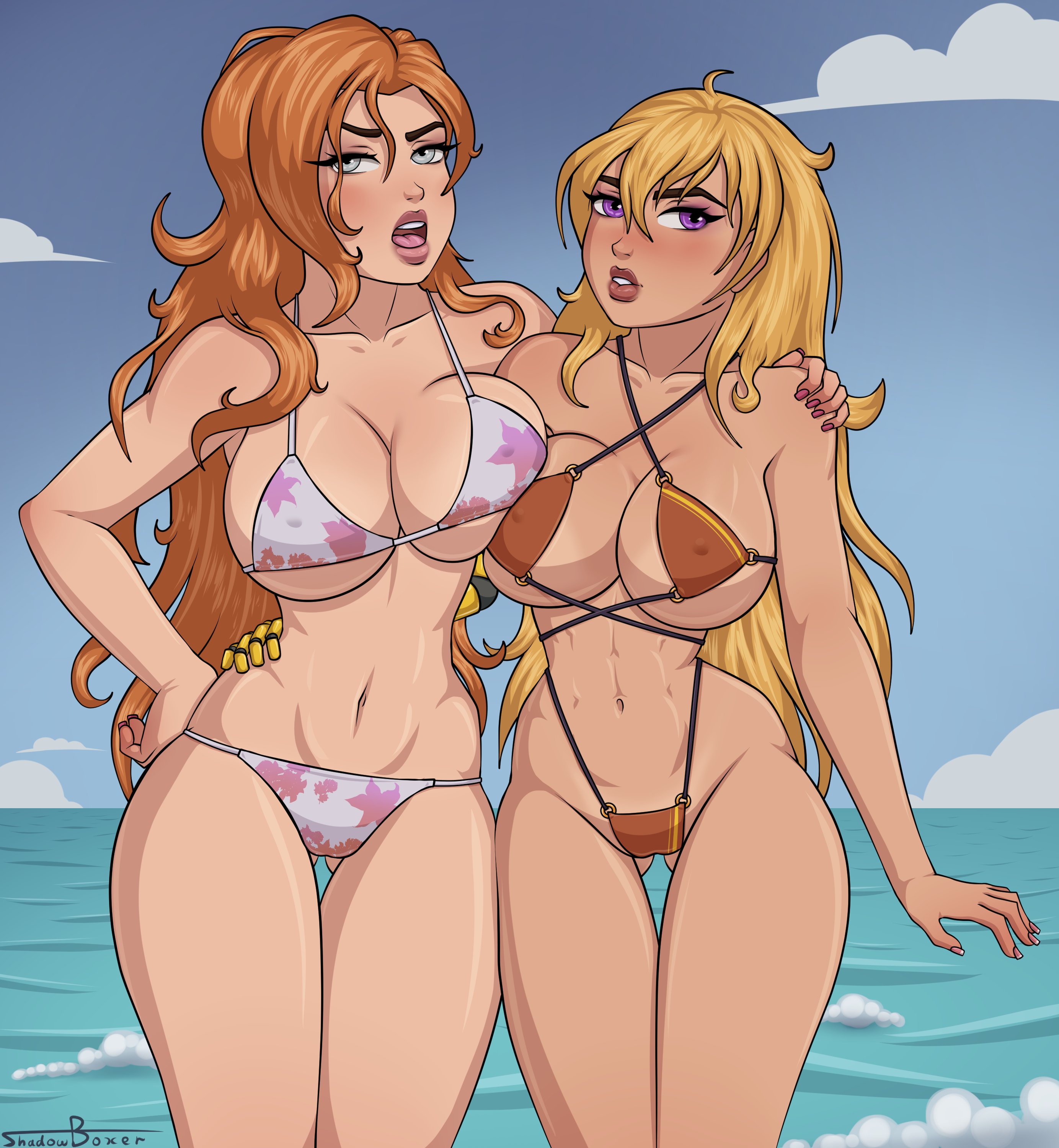2girls, bikini, bleach, breasts, cleavage, female, female only, huge breasts, matsumoto rangiku, rwby, shadowboxer, thick thighs, wide hips, yang xiao long