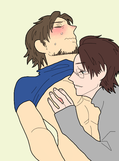 2boys bara_tiddies blush blushing_profusely flushed gay glasses hal_emmerich male_only metal_gear metal_gear_solid metal_gear_solid_2 muscles nervous_smile nipple otacon shirt solid_snake sweat sweater yaoi