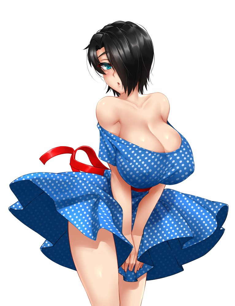 1girls bare_shoulders big_nipples black_hair blue_dress blush breasts bursting_breasts cleavage covered_erect_nipples covering covering_crotch dress dress_tug embarrassed female female_focus green_eyes hair_over_one_eye highres holding_down_dress holding_down_skirt holding_dress huge_breasts nipple_bulge no_bra open_mouth original original_character plain_background polka_dot polka_dot_dress red_ribbon ribbon saya_(twrlare) shiny shiny_skin simple_background skirt_lift skirt_tug solo twrlare white_background white_polka_dots wind wind_lift