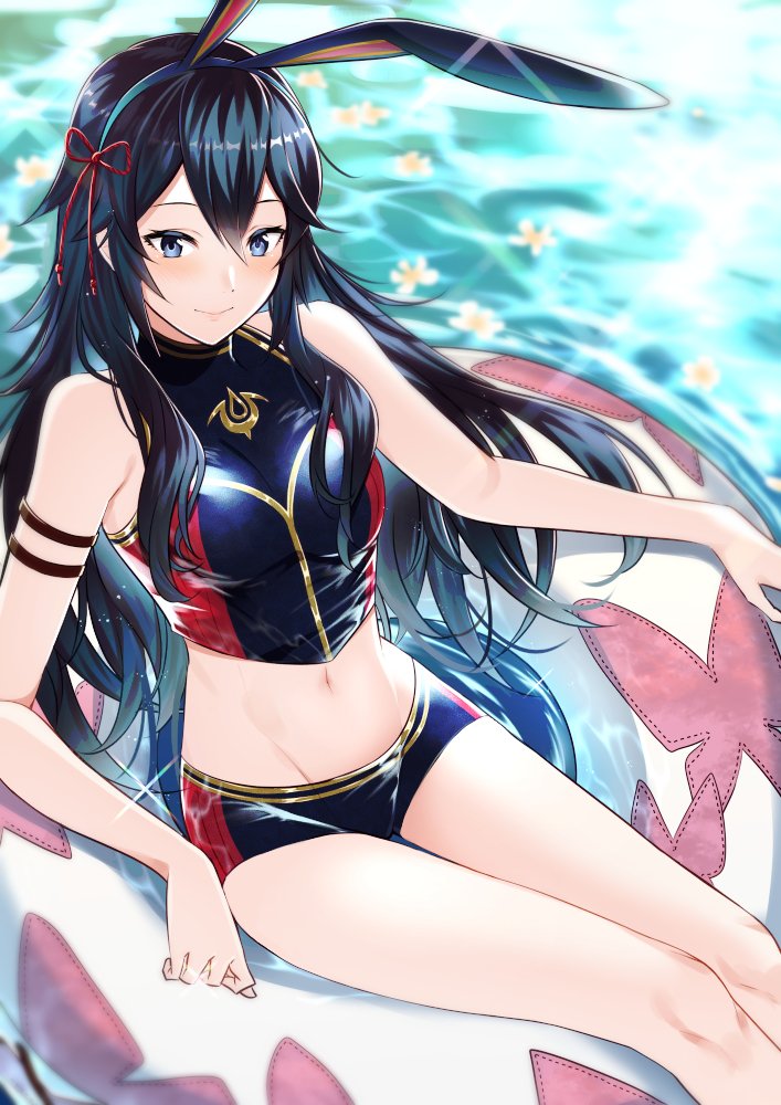 1girls, alternate costume, ameno (a meno0), animal ears, armband, bangs, bikini, blue bikini, blue eyes, blue hair, blue swimsuit, blush, breasts, fake animal ears, female, fire emblem, fire emblem awakening, fire emblem cipher, hair between eyes, hair ribbon, innertube, long hair, lucina (fire emblem), navel, nintendo, ocean, rabbit ears, red ribbon, ribbon, sitting, small breasts, smile, solo, straight hair, swimsuit, water