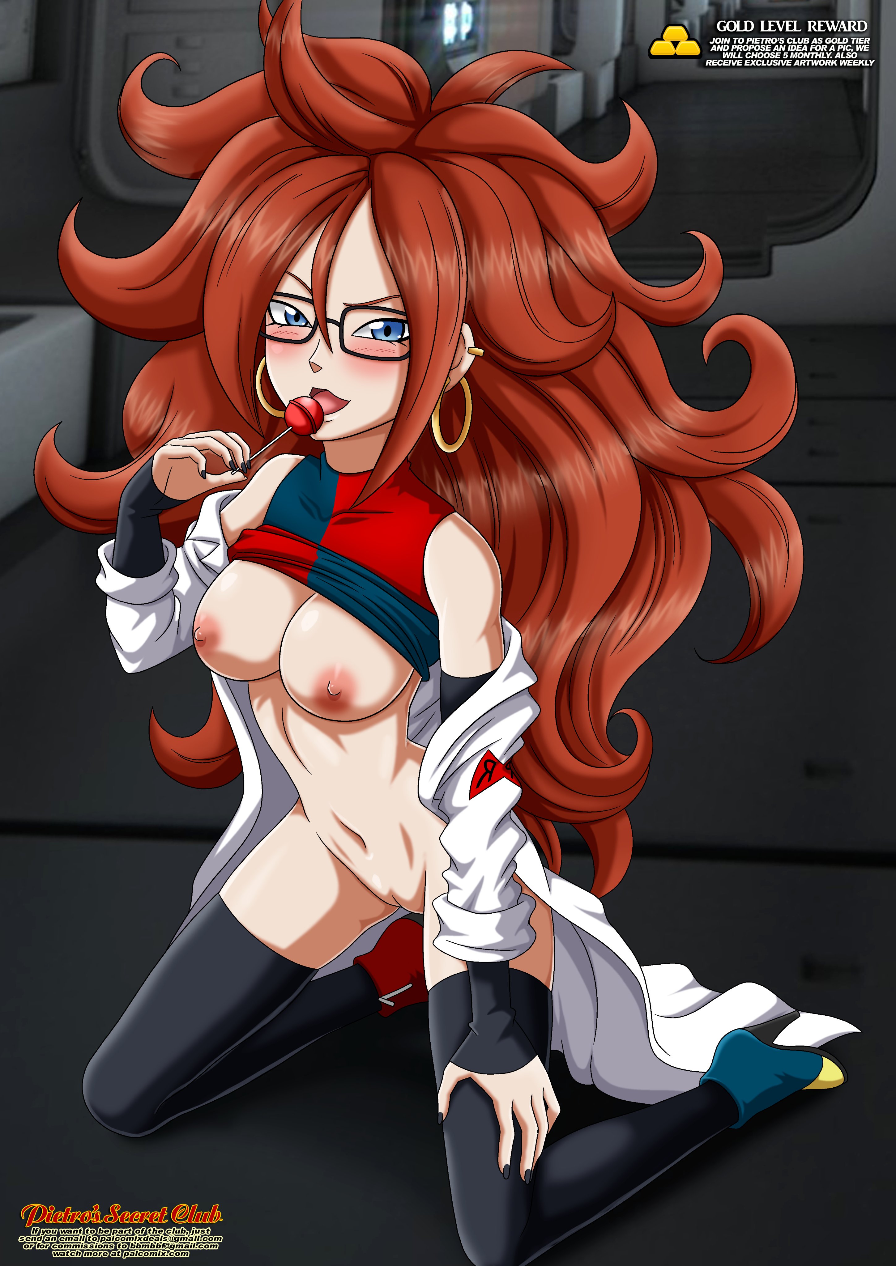 1girls, android 21, android 21 (human), arms up, bbmbbf, black legwear, black stockings, black thighhighs, blue eyes, blue high heel boots, blue high heels, blush, brown hair, dragon ball, dragon ball fighterz, female, female only, glasses, gold level, half-dressed, happy, high heels, holding object, kneeling, knees up, labcoat, licking lollipop, lolipop, long hair, looking at viewer, no bra, no panties, palcomix, partially clothed, pietros secret club, thick thighs, thighhighs, thighs