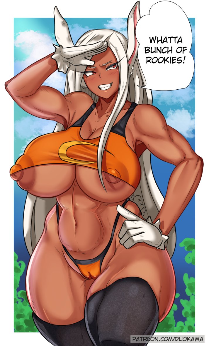 1girls, areolae, armpits, breasts, dark skin, dark-skinned female, duo kawa, english text, erect nipples, female, female only, hand on hip, large breasts, miruko, my hero academia, nipple slip, nipples, outdoors, rabbit humanoid, rumi usagiyama, solo, speech bubble, text, thick thighs, thighhighs, underboob, voluptuous, wide hips