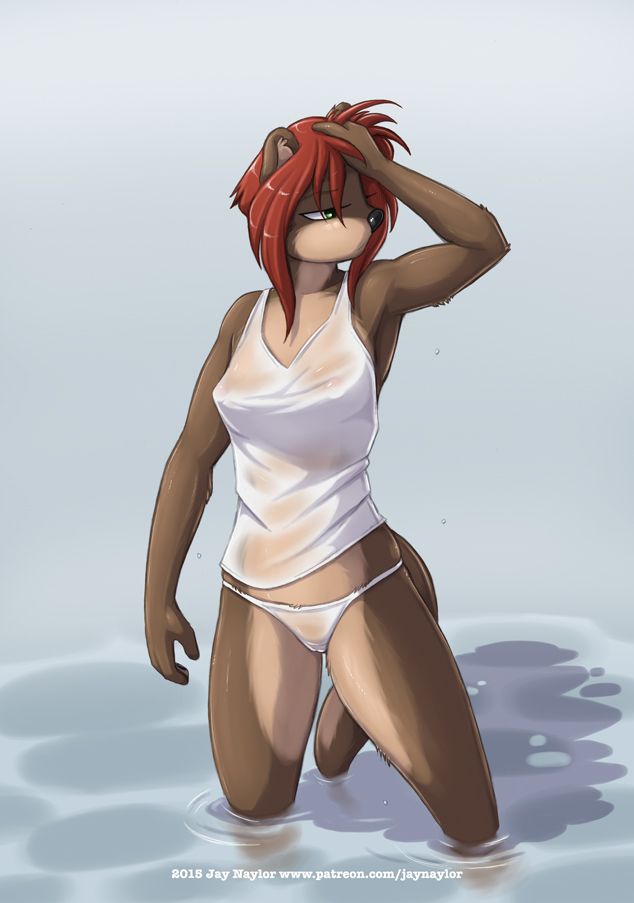 cameltoe female female_only furry green_eyes hand_on_head lake nipples panties red_(jay_naylor) red_hair skimpy solo tanktop translucent translucent_clothing water