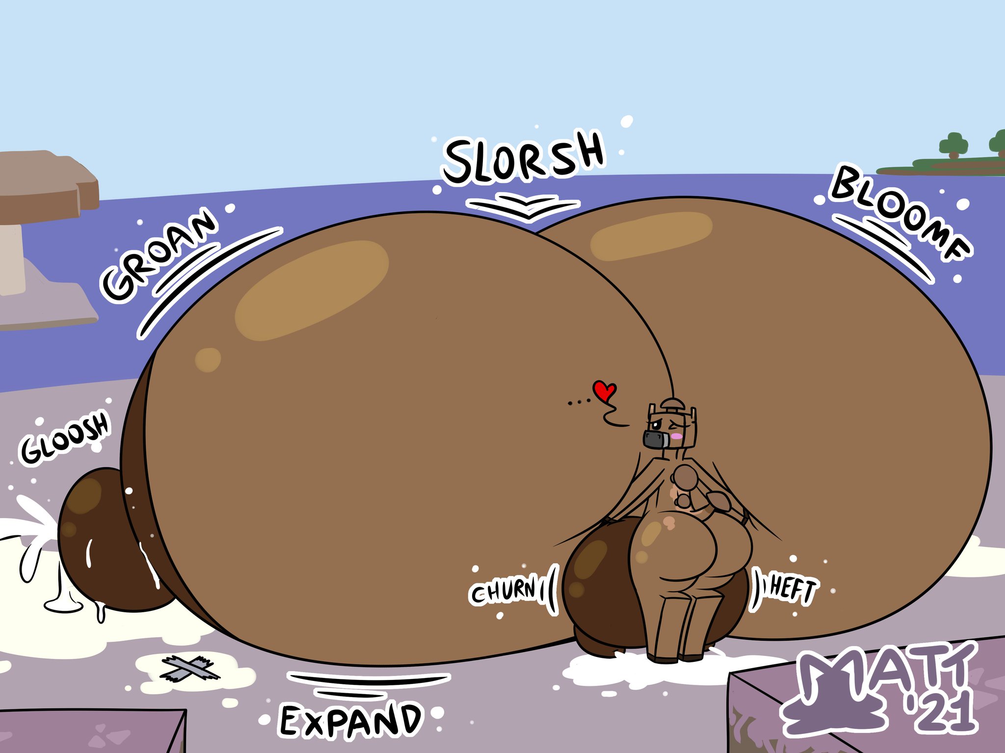ass, big ass, breast expansion, breast growth, breast growth (enlargement), breasts, expansion, female, gigantic breasts, heart, huge breasts, huge nipples, hyper, hyper breasts, lactation, mattthetooncat, milk, minecraft, mooshroom, mooshroom (minecraft), motion lines, sound effects, thick thighs, udders, video games, wide hips, wink