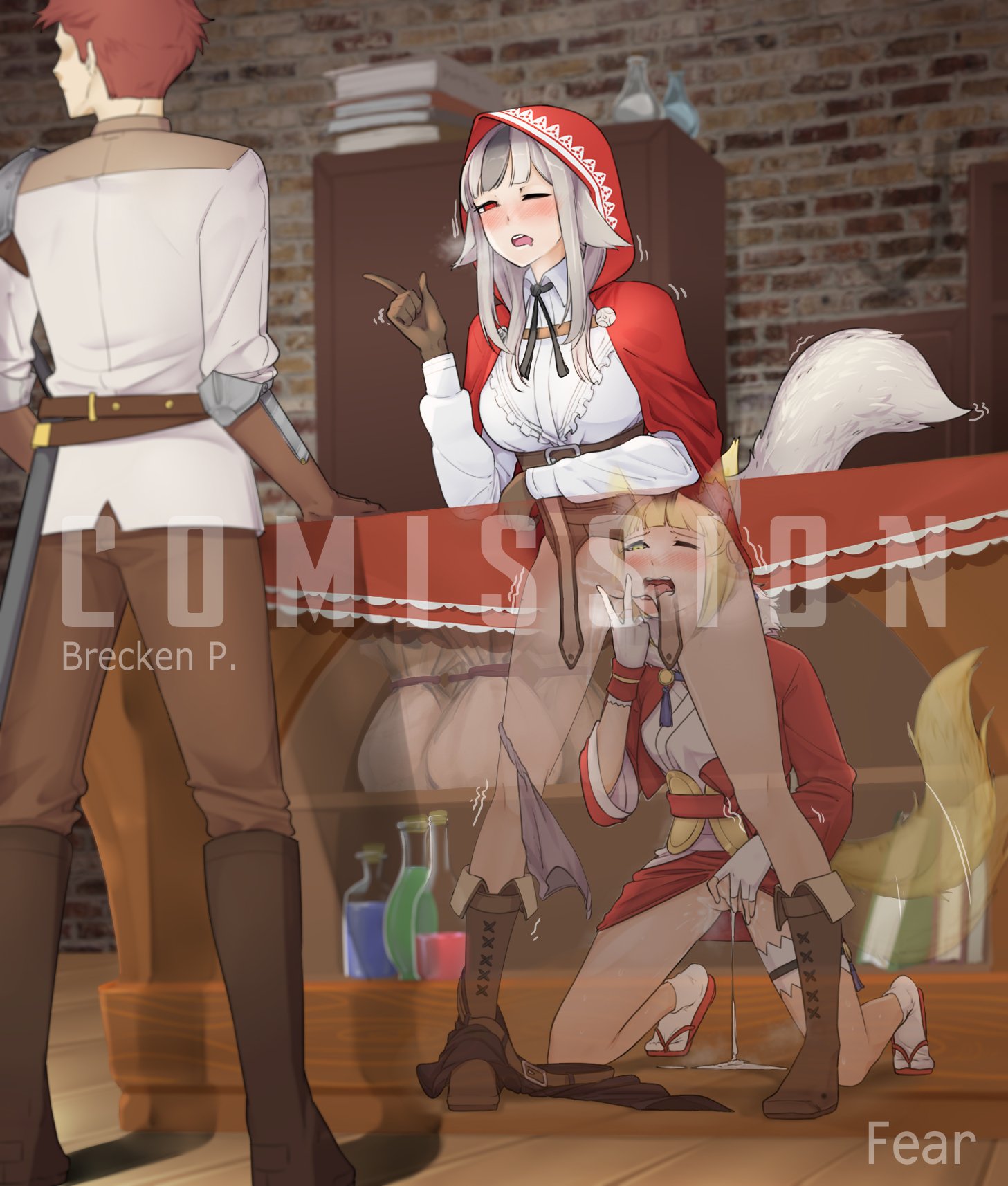 2girls, anal, anilingus, blonde hair, blush, breasts, clothes removed, cucked by lesbian, cuckold, cunnilingus, drooling, female, female rimming female, fingering, fingering partner, fingering self, fire emblem, fire emblem fates, fnurfaizin, fox girl, grey hair, heavy breathing, kitsune, long hair, masturbating during cunnilingus, masturbation, medium breasts, monster girl, multiple females, multiple girls, nintendo, one eye closed, panties, panties around leg, purple panties, pussy, pussy juice, pussy juice drip, pussy juice puddle, red eyes, rimming, saliva, saliva trail, selkie (fire emblem), short hair, stealth sex, trembling, vaginal penetration, velouria (fire emblem), wolf girl, yellow eyes, yuri