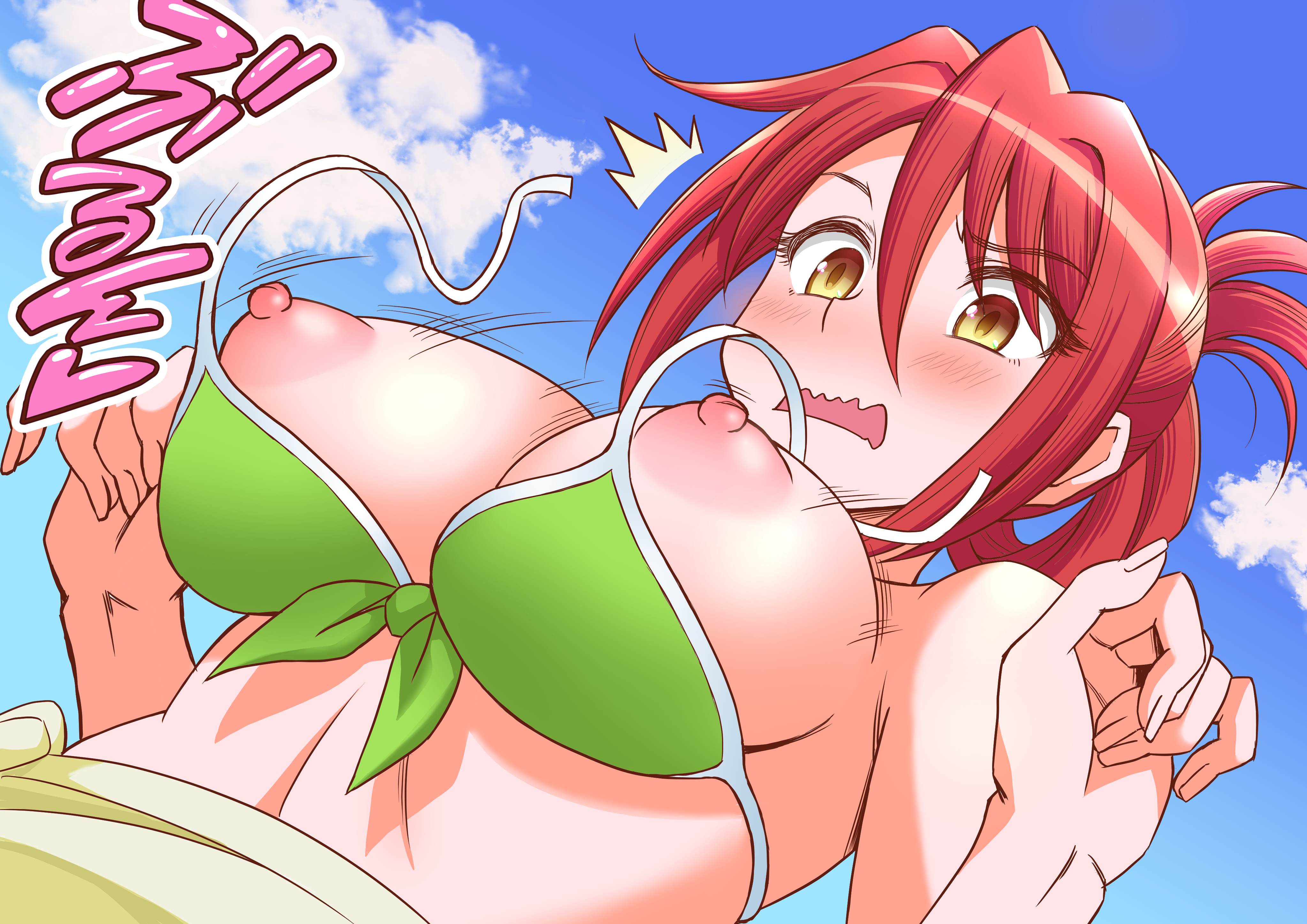 1girls, blush, bokutachi no remake, breasts, female, female focus, female only, kawasegawa eiko, nipples, solo, swimsuit, topless, topless bikini, wardrobe malfunction