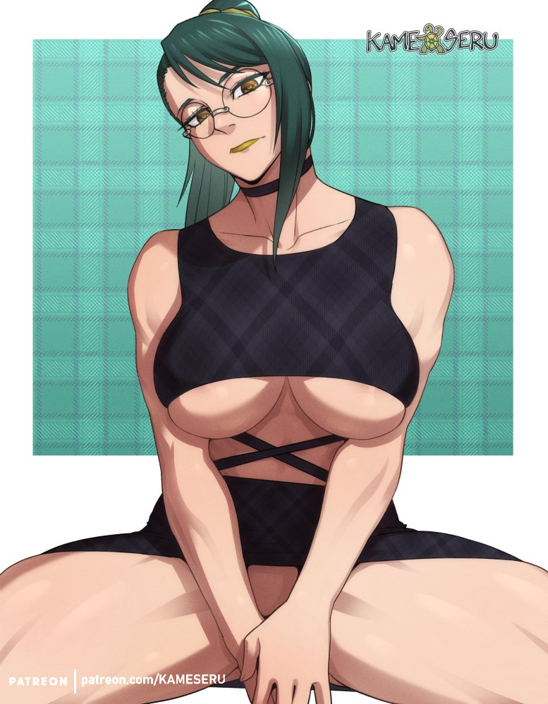 1girls, 7:9, big breasts, breasts, brown eyes, covered pussy, female, female only, glasses, green hair, green lipstick, green-haired female, jujutsu kaisen, jujutsu kaisen 0, kameseru, large breasts, no panties, pussy, skirt, zenin maki