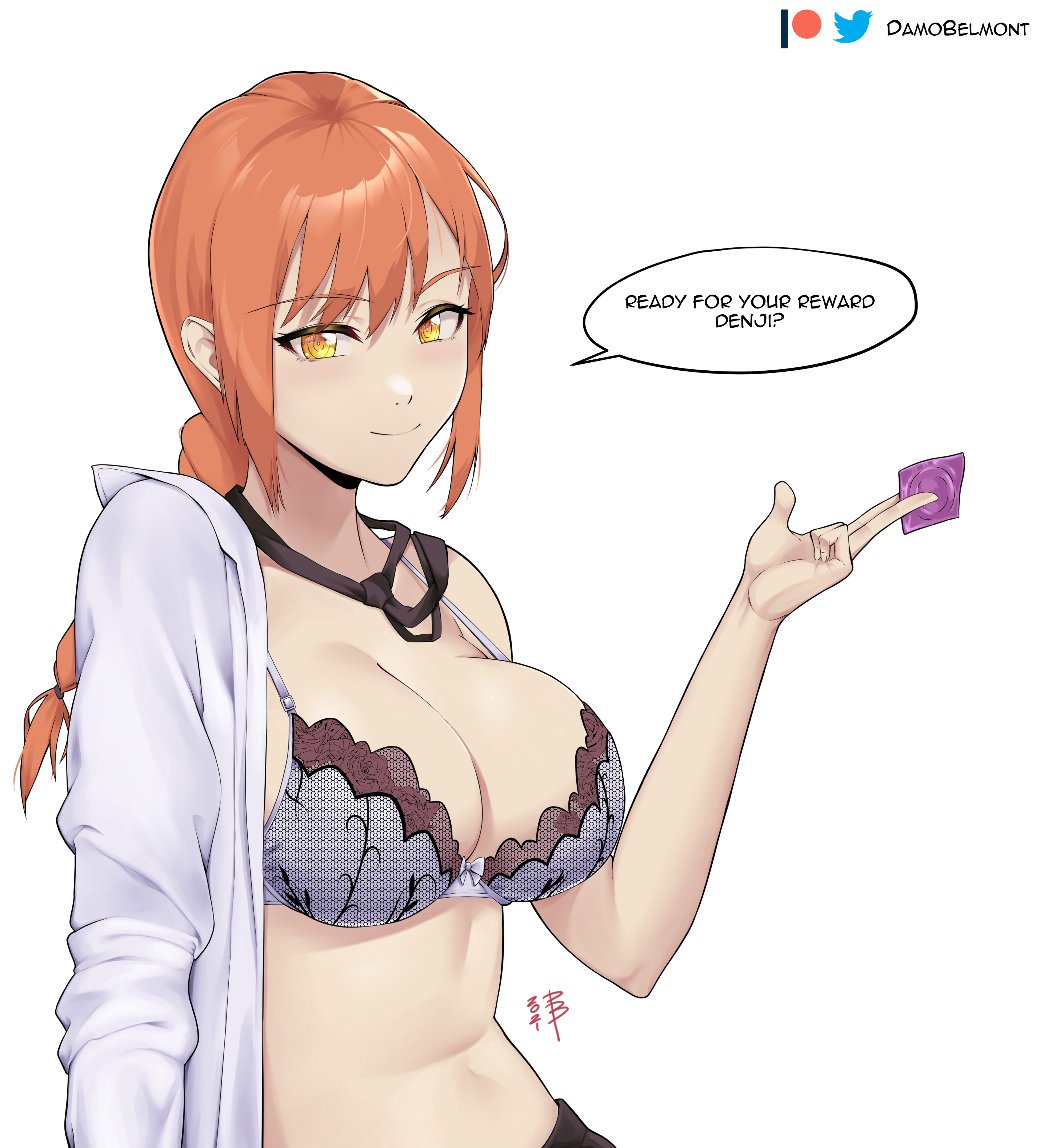 1girls, big breasts, bra, braided hair, breasts, chainsaw man, condom, damodar, eye contact, female, high resolution, holding condom, long hair, looking at viewer, makima (chainsaw man), mappa, red hair, shounen jump, smile, solo, speech bubble, text, white background, yellow eyes