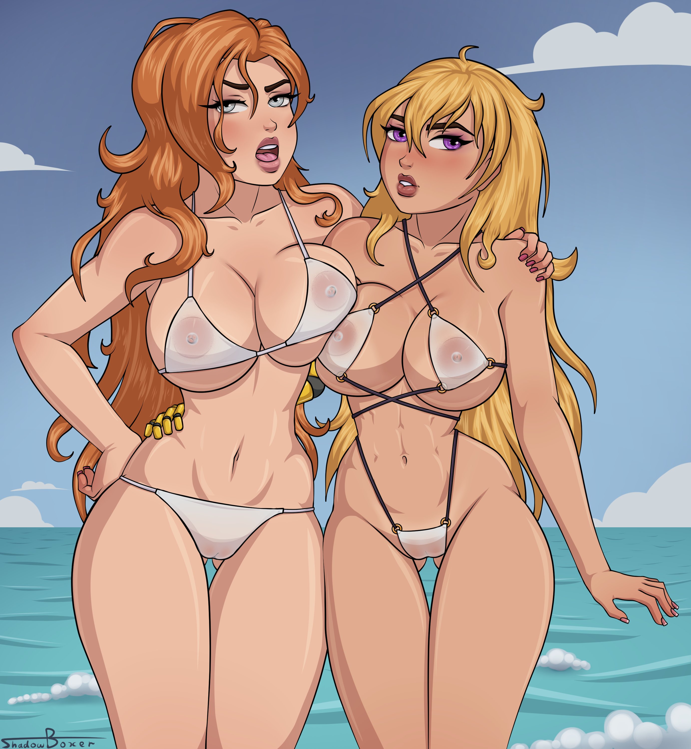 2girls, areolae, beach, bikini, bleach, breast press, breast to breast, breasts, busty, female, female only, hourglass figure, huge breasts, matsumoto rangiku, multiple females, multiple girls, nipples, rwby, see-through, see-through clothing, shadowboxer, thick thighs, thigh gap, wide hips, yang xiao long
