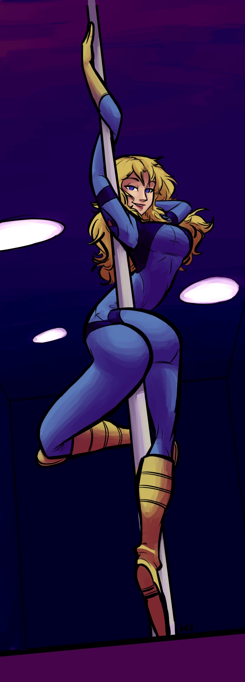 1girls 2014 ass blonde_hair bodysuit commission ics marvel mc2 pole_dancing solo solo_female spanner_(marvel) stretching stripper_pole superheroine tagme thick_ass tight_clothing tran4of3 x-men