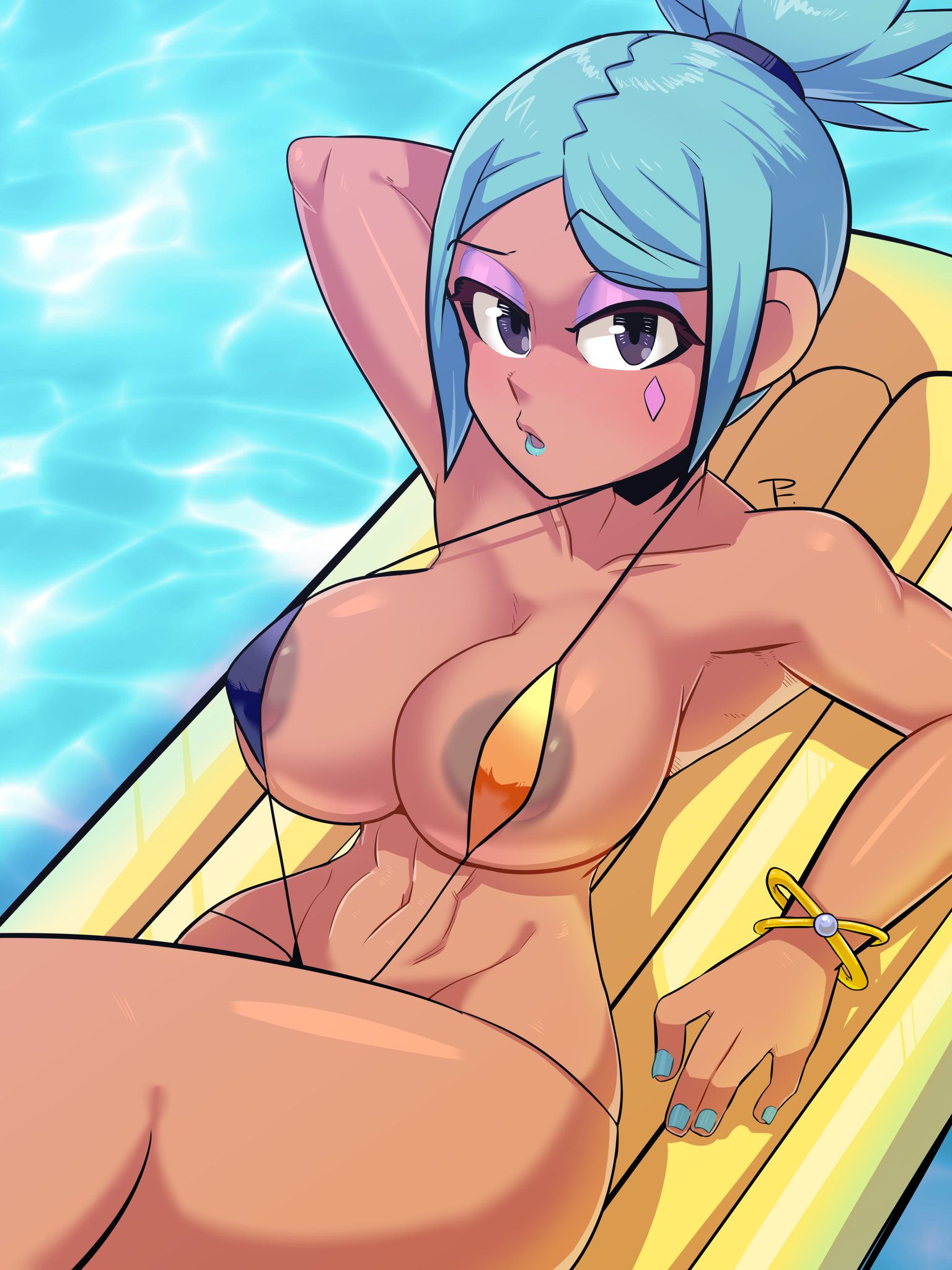 1girls, armpits, bracelet, breasts, cerebella, dark skin, female, female only, large breasts, micro bikini, nail polish, nipples, painted nails, painting fish, pool, skullgirls, sling bikini, solo