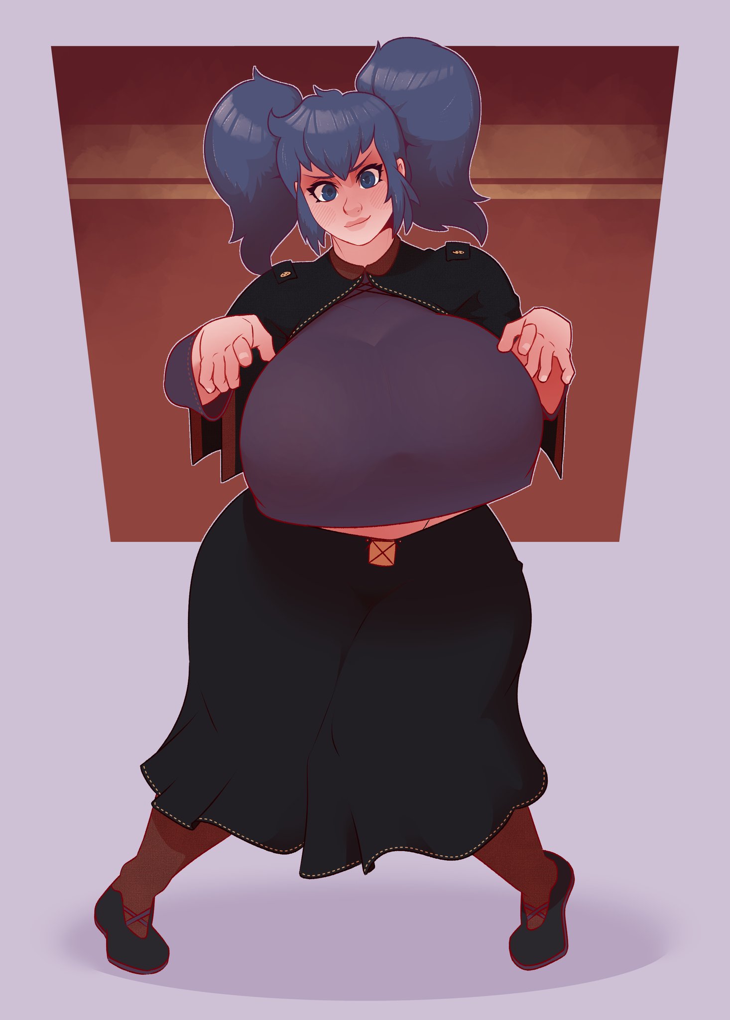 1girls, blue hair, breasts, cleavage, dabble, female, female only, huge breasts, solo, wide hips