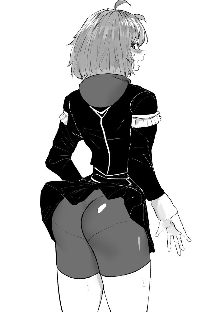 1girls, 2010s, 2019, ass, bare thighs, bernadetta von varley, black bottomwear, blush, butt crack outline, compression shorts, embarrassed, female, fire emblem, fire emblem: three houses, garreg mach monastery uniform, greyscale, large ass, lifted by self, looking back, manga, medium hair, moderate tomboy, monochrome, nintendo, norman maggot, open mouth, panties, pantylines, rear view, shiny bottomwear, shiny hair, shorts, shorts under skirt, skirt lift, solo, solo female, sweat, sweaty legs, tomboy, upskirt, white background