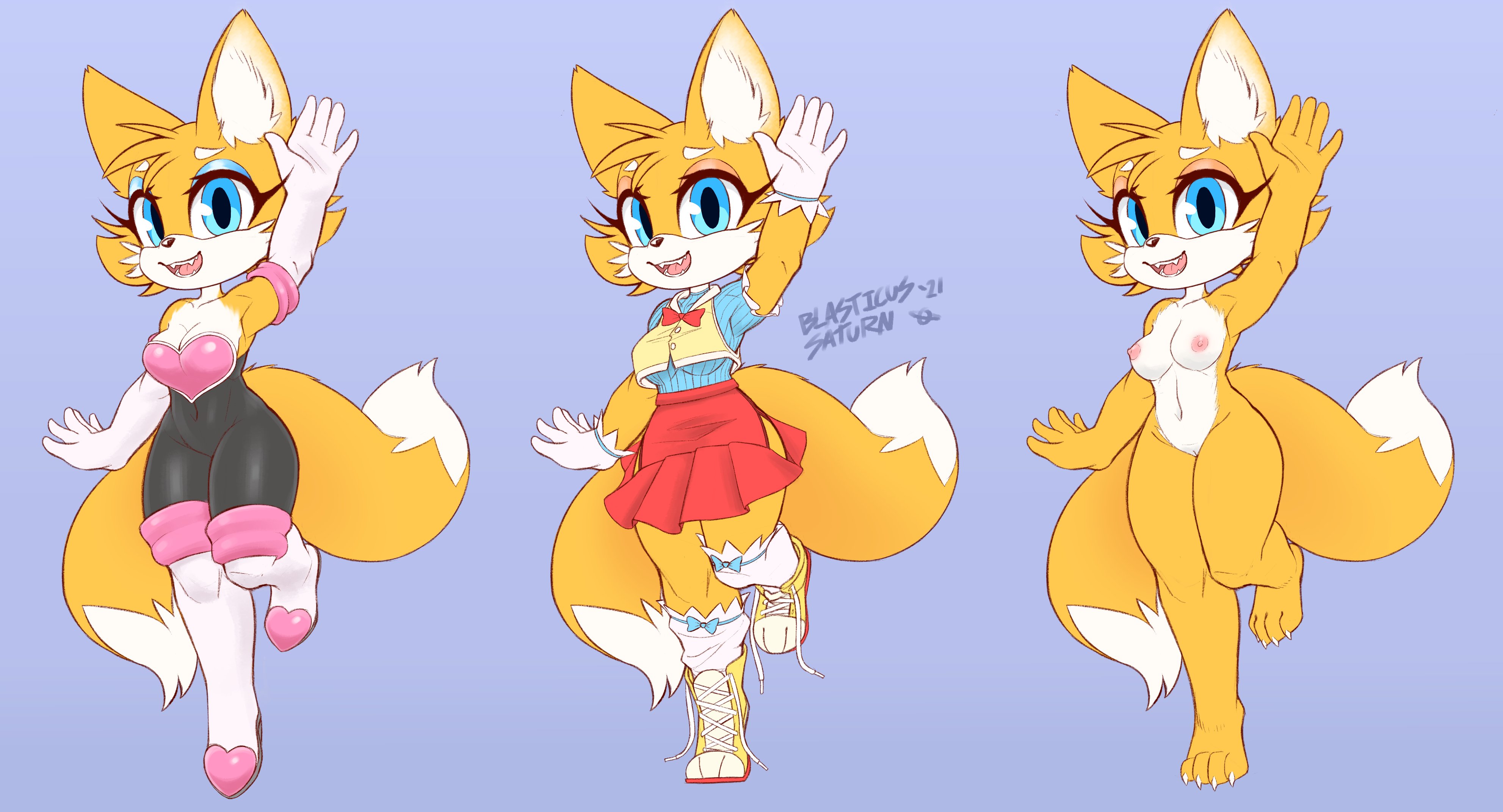 4 toes, absurd res, anthro, armwear, blasticussaturn, blue eyes, boots, breasts, canid, canine, cleavage, clothed, clothing, cosplay, dipstick tail, elbow gloves, fangs, feet, female, footwear, fox, fur, genderswap, genderswap (mtf), genitals, gloves, handwear, hi res, inner ear fluff, legwear, looking at viewer, mammal, mtf crossgender, multi tail, multicolored tail, multiple outfits, navel, nipples, open mouth, pink nipples, pussy, raised arm, rouge the bat (cosplay), rule 63, sega, signature, simple background, skinsuit, smile, solo, sonic (series), sonic the hedgehog (series), tail, tails, tails the fox, tailsko, thigh boots, thigh highs, tight clothing, toes, tongue, tuft, yellow body, yellow fur