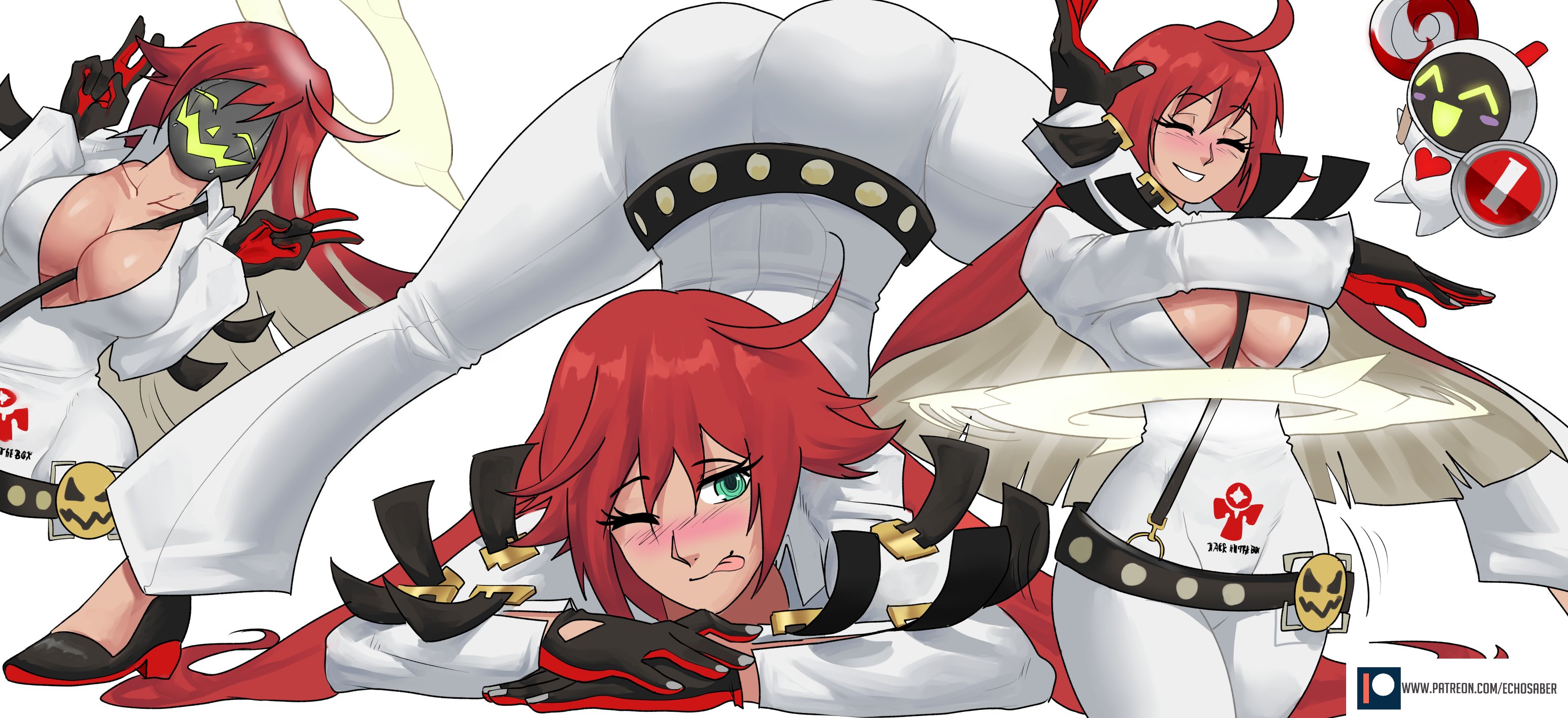 :d, :p, 1girls, ahoge, arc system works, blush, breasts, cleavage, double v, echosaber, female, guilty gear, guilty gear strive, halo, jack-o pose, jack-o' valentine, large breasts, mask, red hair, smile, solo, v, wink