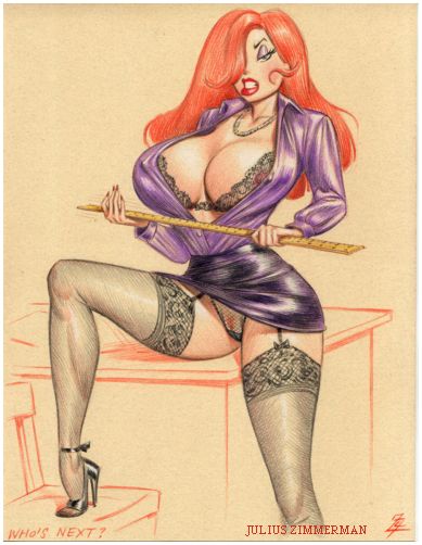 1girls, 2004, arms, big breasts, bra, breasts, color, disney, female, female only, hands, high heels, huge breasts, jessica rabbit, julius zimmerman, legs, lipstick, long hair, monochrome, nipples, red hair, stockings, teacher, who framed roger rabbit