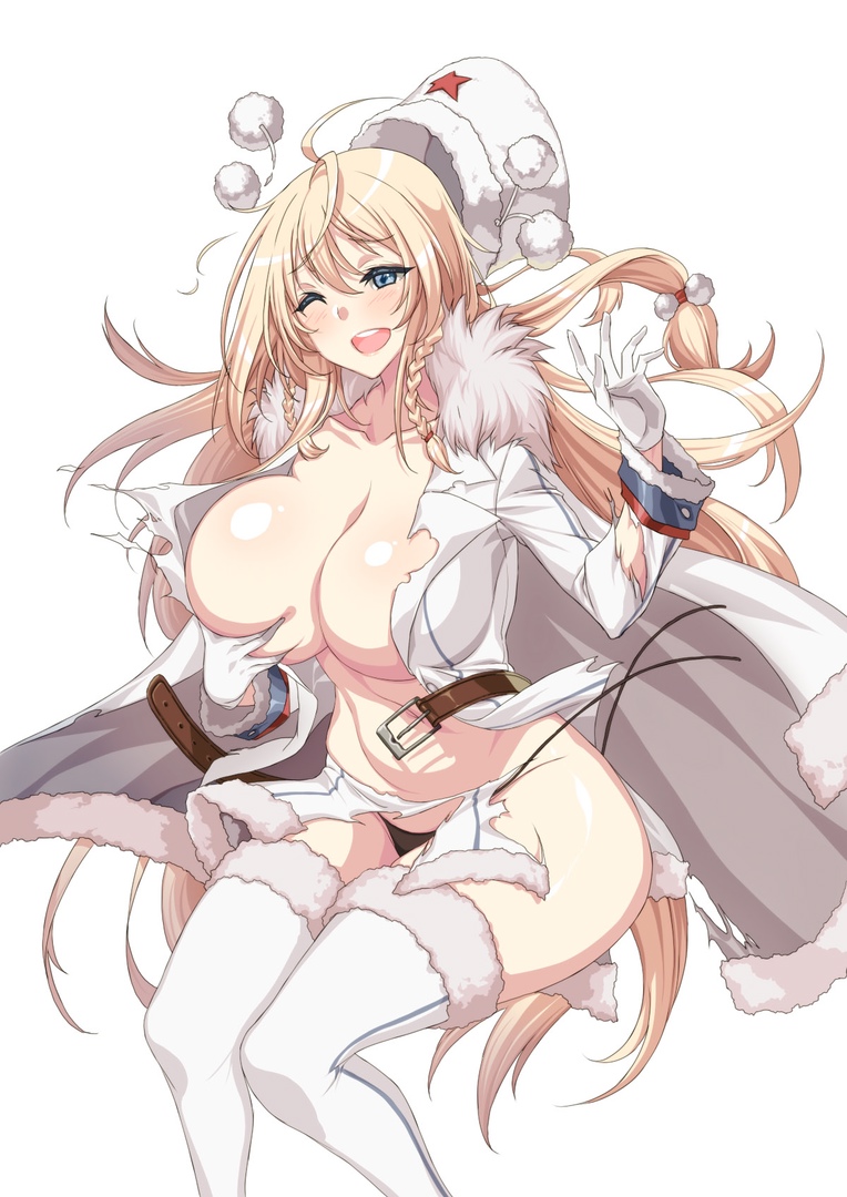 1girls big_breasts blonde_hair dp-28_(girls_frontline) female female_only girls'_frontline hat light-skinned_female light_skin partially_clothed rantia white_background