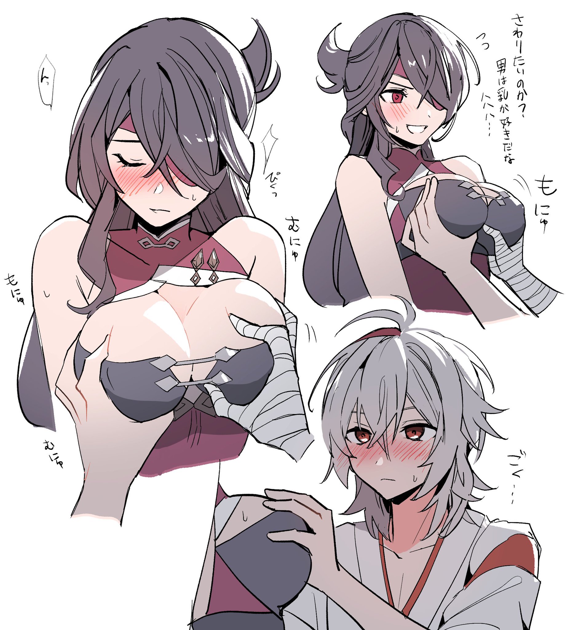 1boy, 1girls, alternate hairstyle, bandage, beidou (genshin impact), blush, breast grab, breast squeeze, breasts, brown hair, closed eyes, eyepatch, female, genshin impact, hands, japanese text, kaedehara kazuha, large breasts, male, rome romedo, straight, taller female, white hair