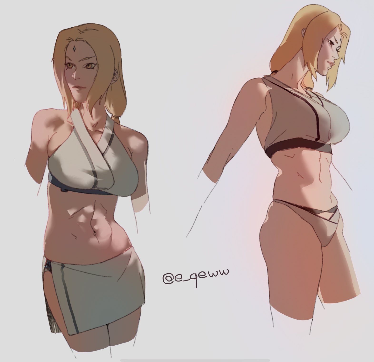 1girls, artist name, big breasts, bikini, blonde hair, breasts, brown eyes, clothed, clothed female, clothes, clothing, e qeww, female, female only, forehead jewel, large breasts, long hair, medium hair, naruto, naruto (series), solo, swimsuit, tsunade, white background