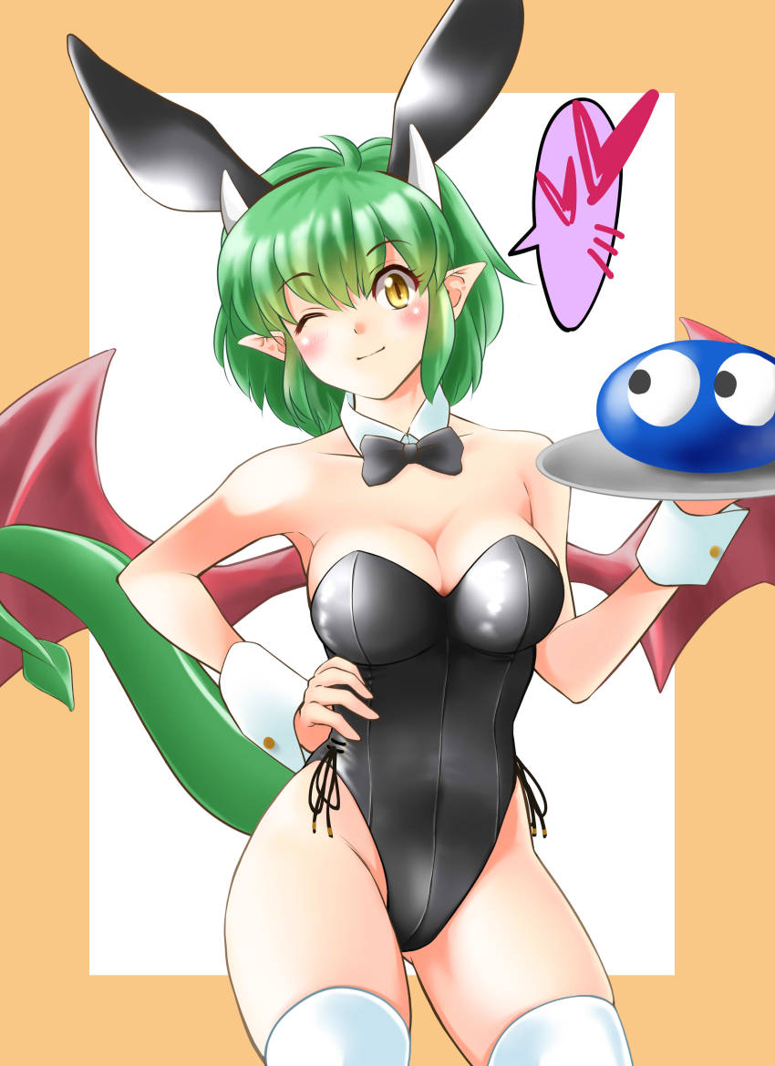 1other absurdres animal_ears black_leotard black_neckwear bow bowtie breasts cleavage commentary_request cowboy_shot detached_collar draco_centauros dragon_girl dragon_horns dragon_tail dragon_wings female green_hair hand_on_hip highres horns leotard looking_at_viewer madou_monogatari medium_breasts nanao_futaba playboy_bunny pointy_ears puyo_(puyopuyo) puyo_puyo puyo_puyo_fever rabbit_ears sega short_hair smile standing strapless strapless_leotard tail thighhighs white_legwear wings wrist_cuffs yellow_eyes