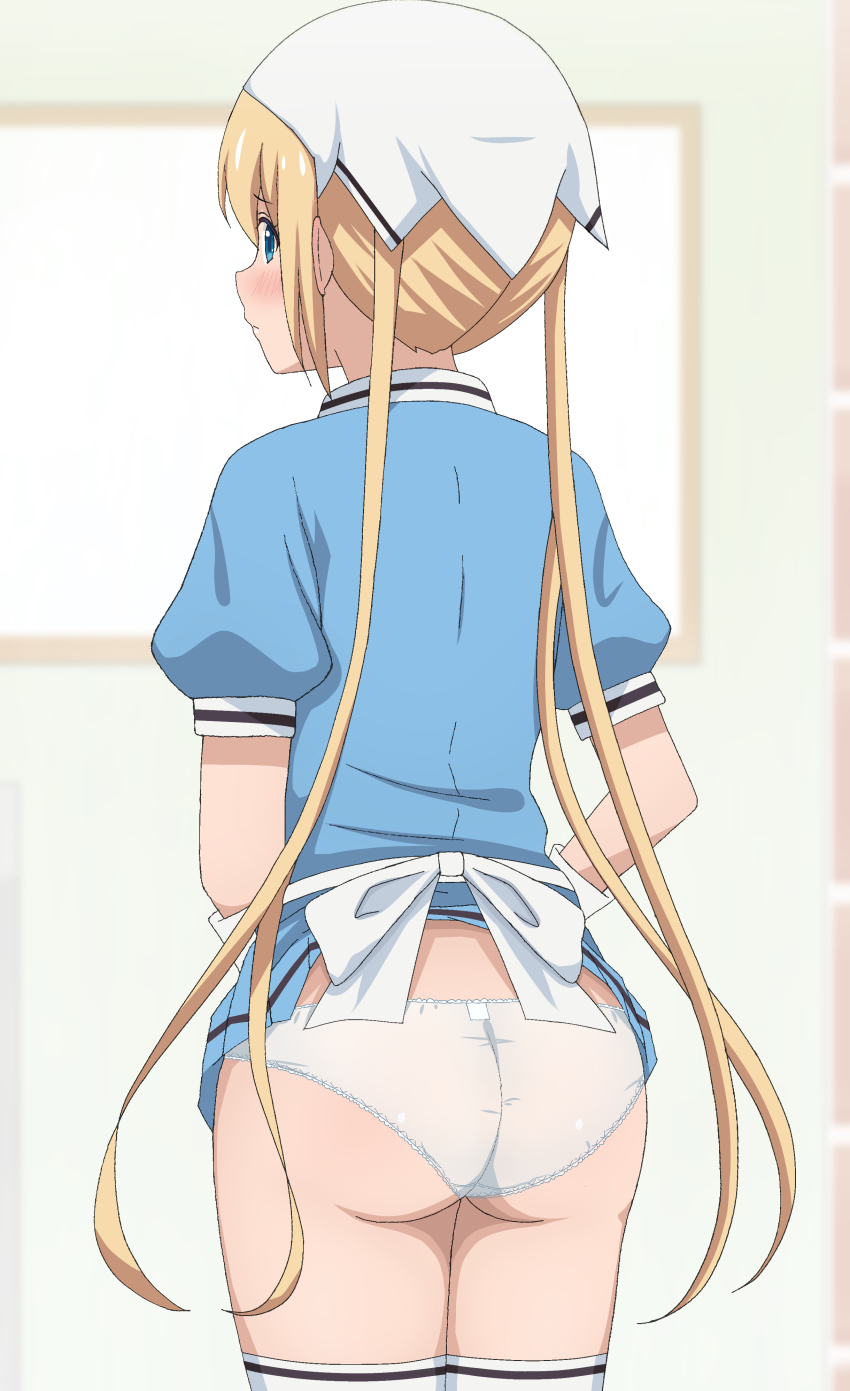 absurdres ass blend_s blonde_hair blue_dress blue_eyes blush dress dress_lift female from_behind gloves hair head_scarf highres hinata_kaho long_hair looking_at_viewer looking_back panties poa_mellhen puffy_sleeves short_sleeves standing thighhighs twintails underwear waitress white_gloves white_headwear white_legwear white_panties