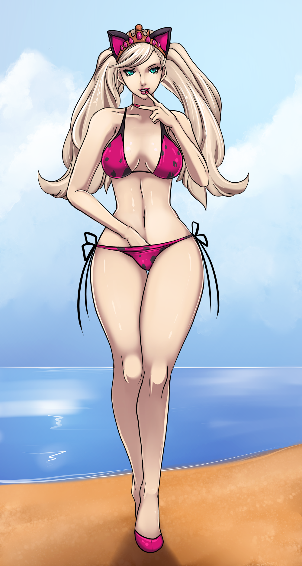 1girls animal_ears ann_takamaki beach bikini blue_eyes cat_ears cognitive_ann eirhjien female finger_in_mouth hand_in_own_bikini hand_in_own_panties hand_in_panties leopard_print leopard_print_bikini medium_breasts persona persona_5 pink_bikini pink_lipstick platinum_blonde_hair thick_thighs twintails wide_hips