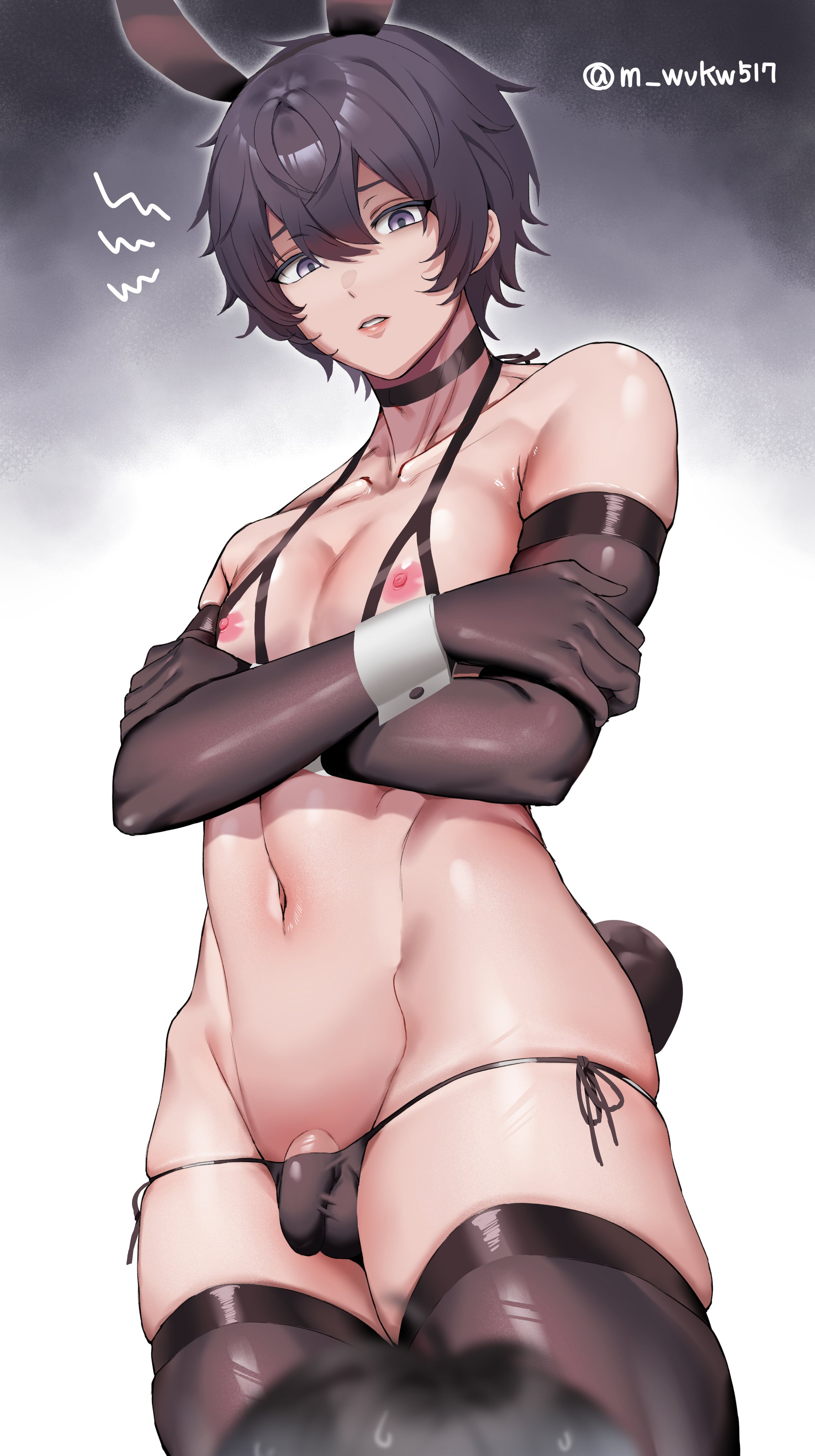 1boy, balls, balls in panties, bulge, bunny ears, choker, crossdressing, crossdressing male, crossed arms, femboy, girly, lemontea4311, male, male only, penis, penis in panties, small bulge, small penis, solo, solo male, trap